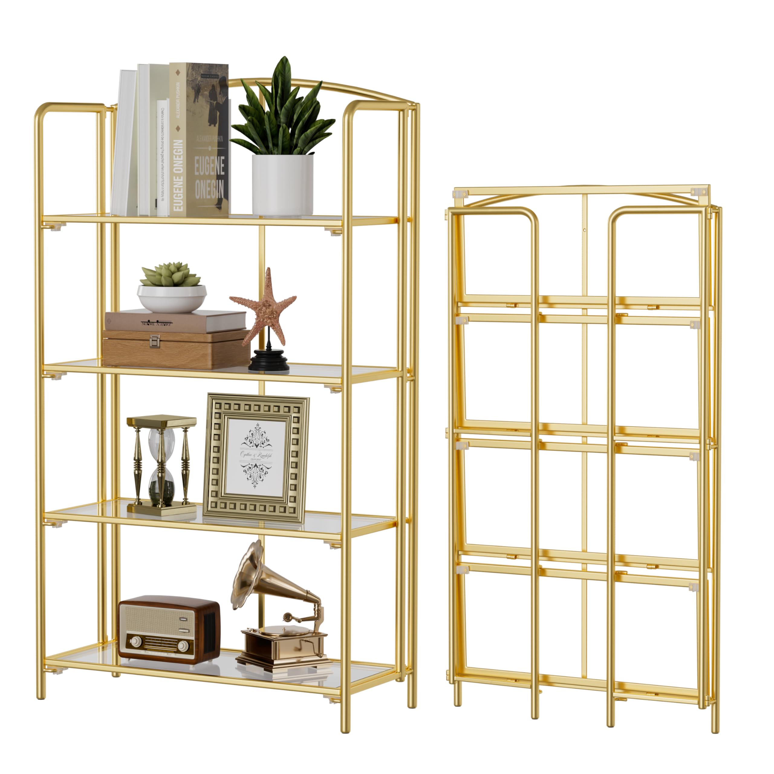 Condition photo showing New/Like New for crofy no assembly folding bookshelf for living room, 4 tier gold collapsible book shelf for home office, portable bookcase storage organizer