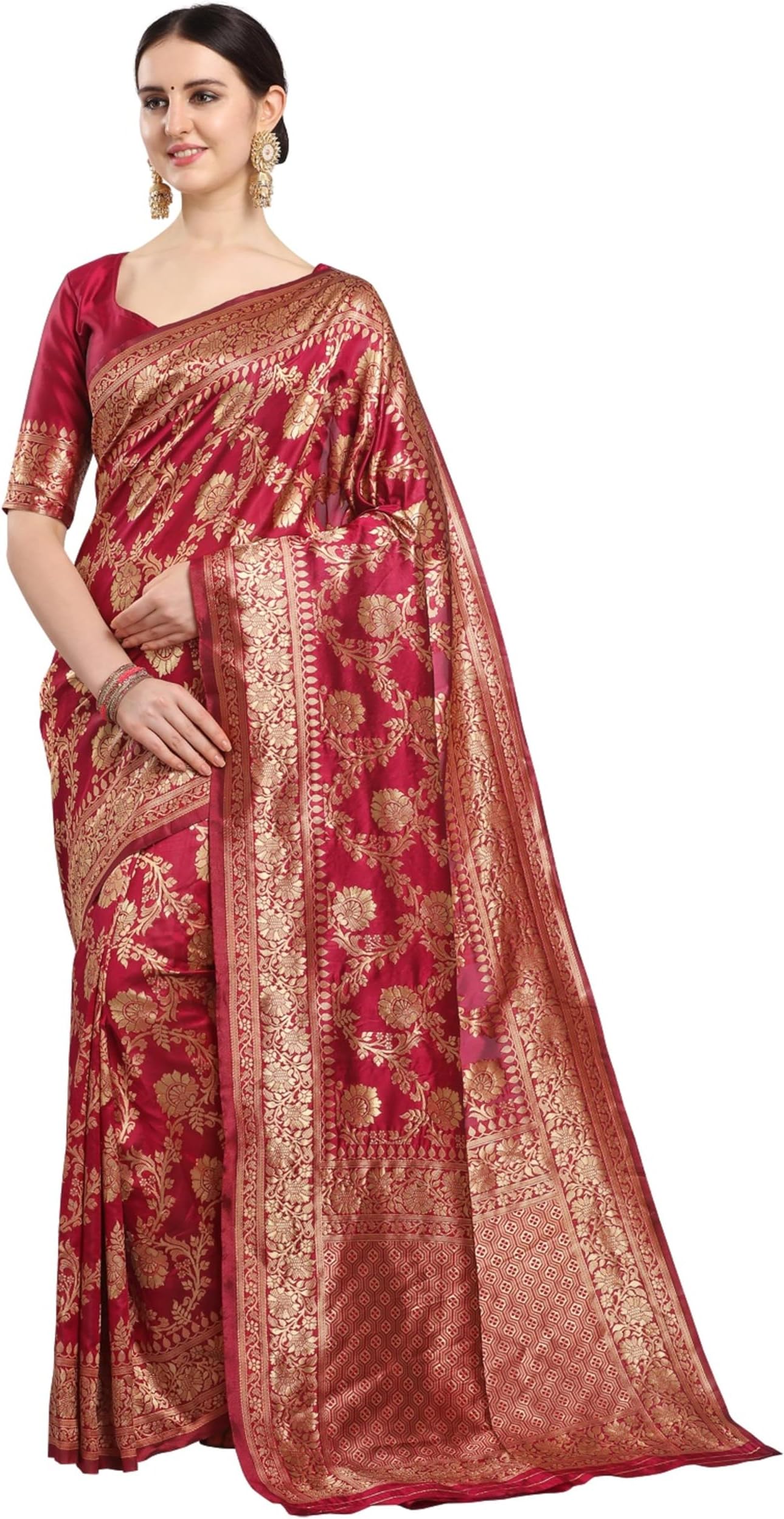 Women's Kanchipuram Silk Half and Half Woven Saree With Blouse Piece, red, Maroon, One Size
