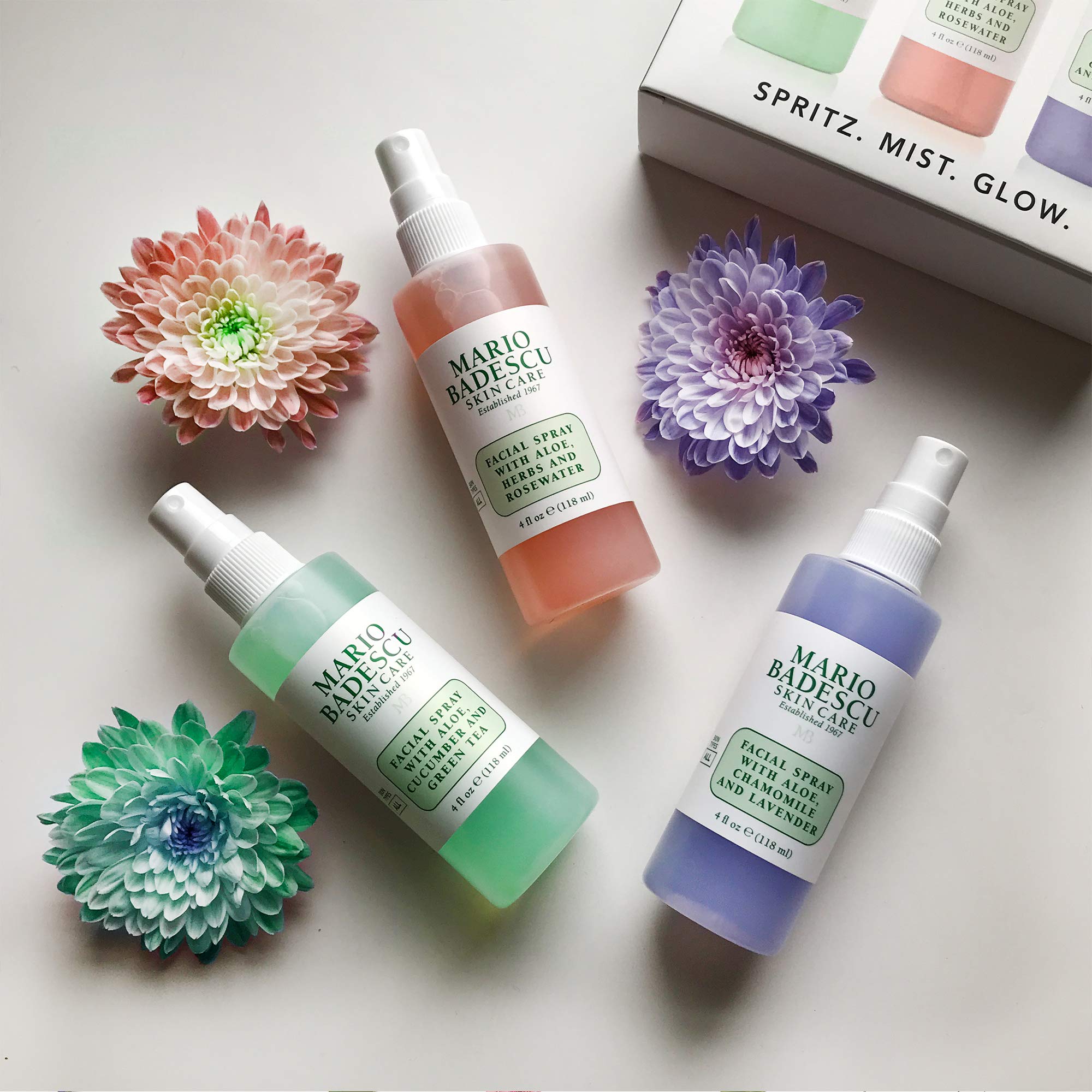 Spritz Mist Glow Set: Aloe Facial Spray mit Gurke, Grünem Tee, Kräutern, Rosenwasser, Kamille und Lavendel - 3 x 118 ml