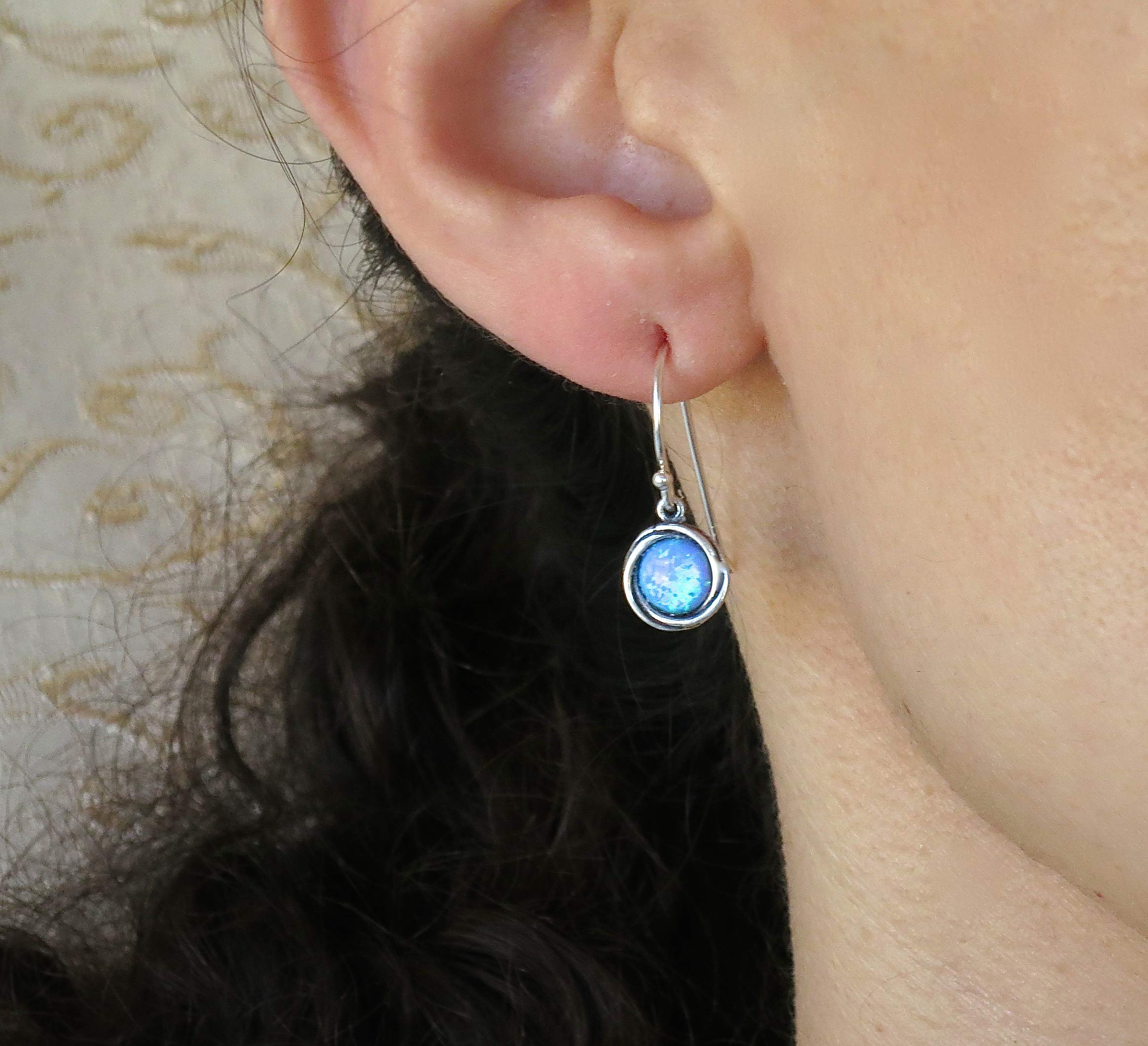 HandmadeOpal Earrings, Sterling Silver Dangle Earrings for women, Small round Blue Opal silver dangle earring, October Birthstone, Simple Opal earrings, Everyday earrings, Vintage earrings,