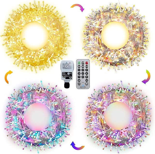 Christmas Fairy Lights for Bedroom Plug In Outdoor Fairy Lights Mains Powered 30M 200LED Garden Tree Lights Warm White & Multicolor 4 Color Changing with Remote Waterproof for Outside Gazebo Decor