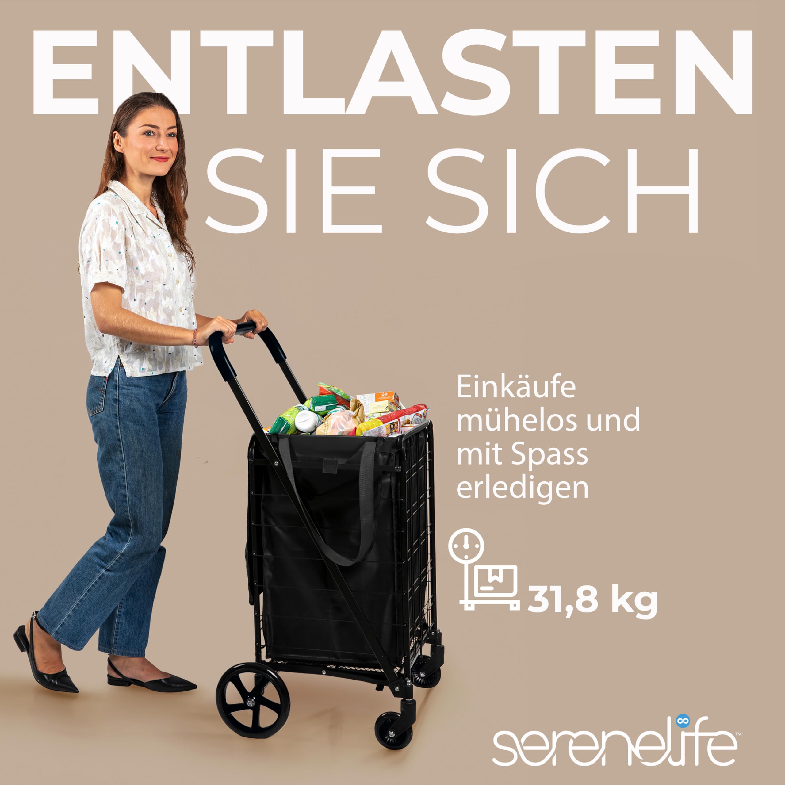 Serenelife Einkaufstrolley Klappbar, Einkaufswagen mit 50L Kapazität, Shopping Trolley bis 31.8kg Belastbar, Hackenporsche -Metall mit 360° Schwenkbare Räder, Tasche abnehmbar, Treppensteiger, Schwarz