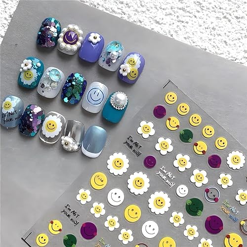 Miniatura 2 de Calcomanías de arte de uñas estereoscópicas en relieve 5D, calcomanías de arte de uñas, color caramelo, cara sonriente, flor de sol, flores