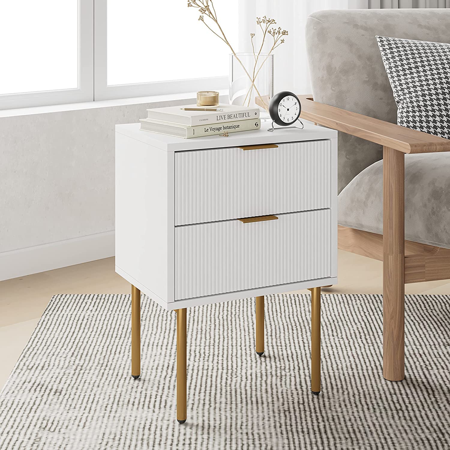 HEYZOEY Mesita de Noche, mesita de Noche Moderna, Estilo Bohemio, para Dormitorio, salón, Blanco (2 cajones)