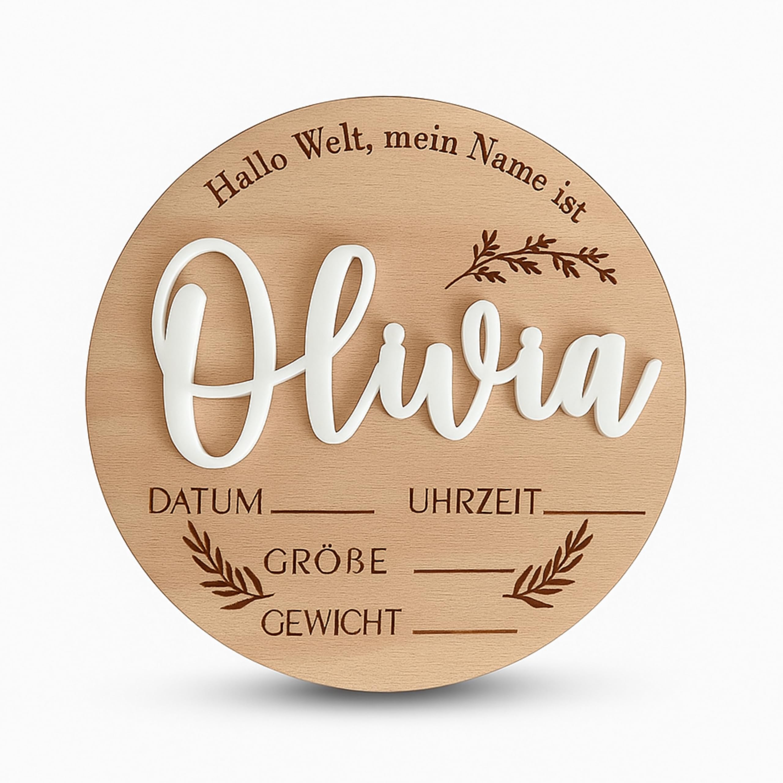 Personalisierte Hallo Welt Holzschild mit Name und gravierte Blätter, Meilenstein Hallo Welt aus Holz, Babygeschenk Geburt, Geburtsanzeige Baby-Ankündigung Schild, Geschenk zur Geburt (Design 4)