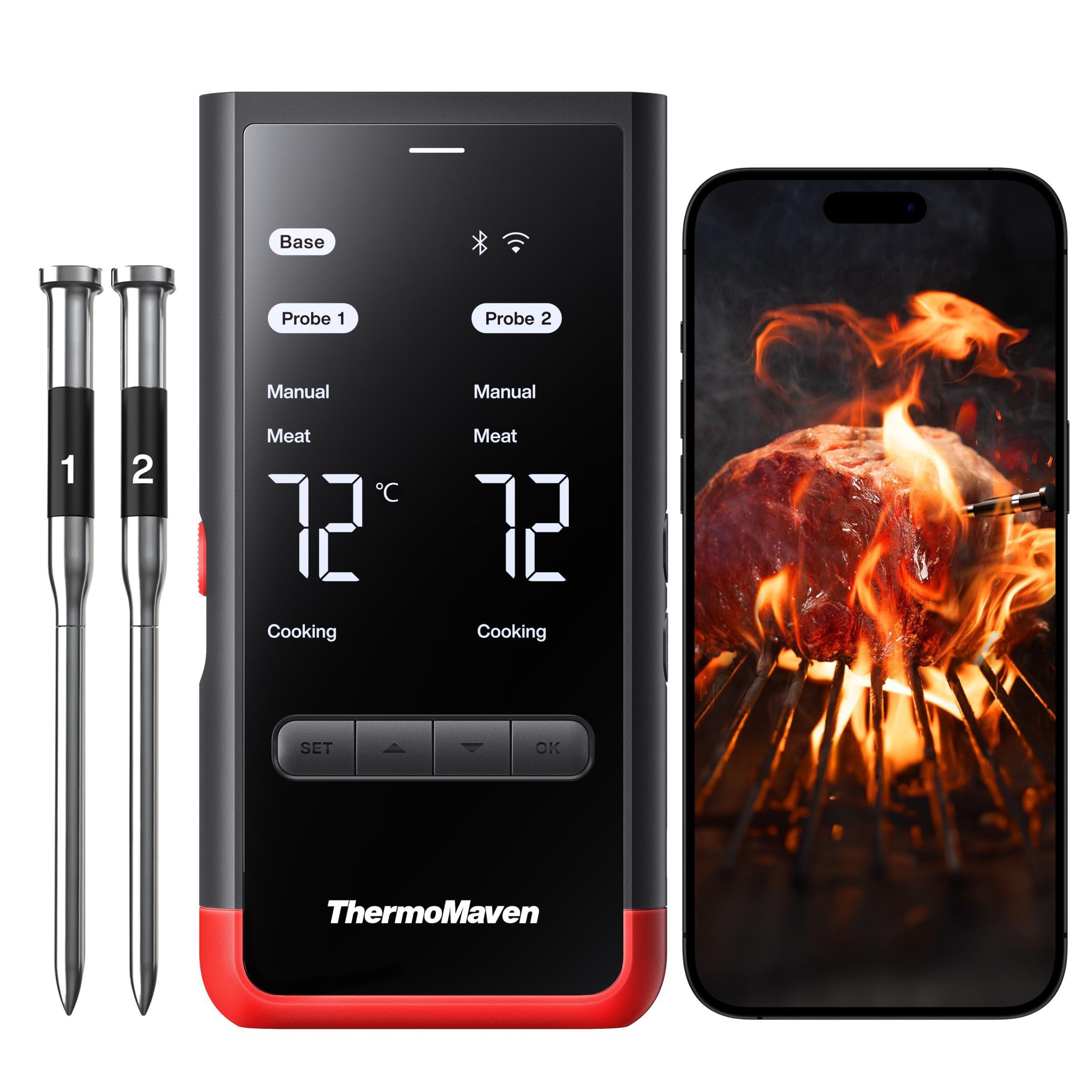 ThermoMaven P2 Termometro intelligente per carne senza fili – 152 m Bluetooth 5.3, 2 sonde 6 sensori, monitoraggio Wi-Fi illimitato, stabilità, impermeabile IPX8, per barbecue, forno, cucina, alimenti