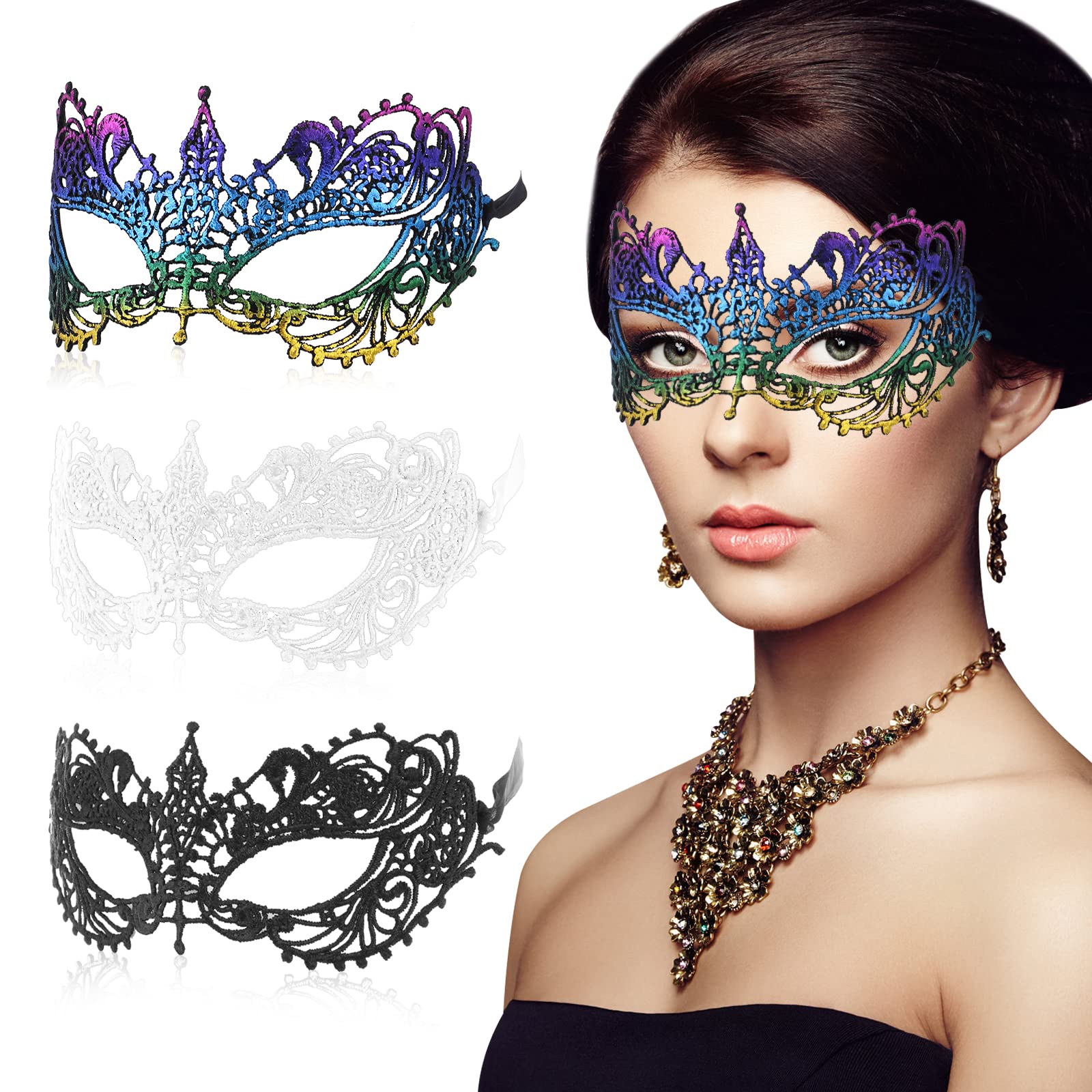 Sibba 3 Pieces Mascarade Masks for Women Sexy Lace Venetian Face Mask Christmas Halloween Eye Masked Lady Girl Maskerade Prom Carnival Mask Ball Fancy Dress Costume Accessories Masquerade Party B — image 1