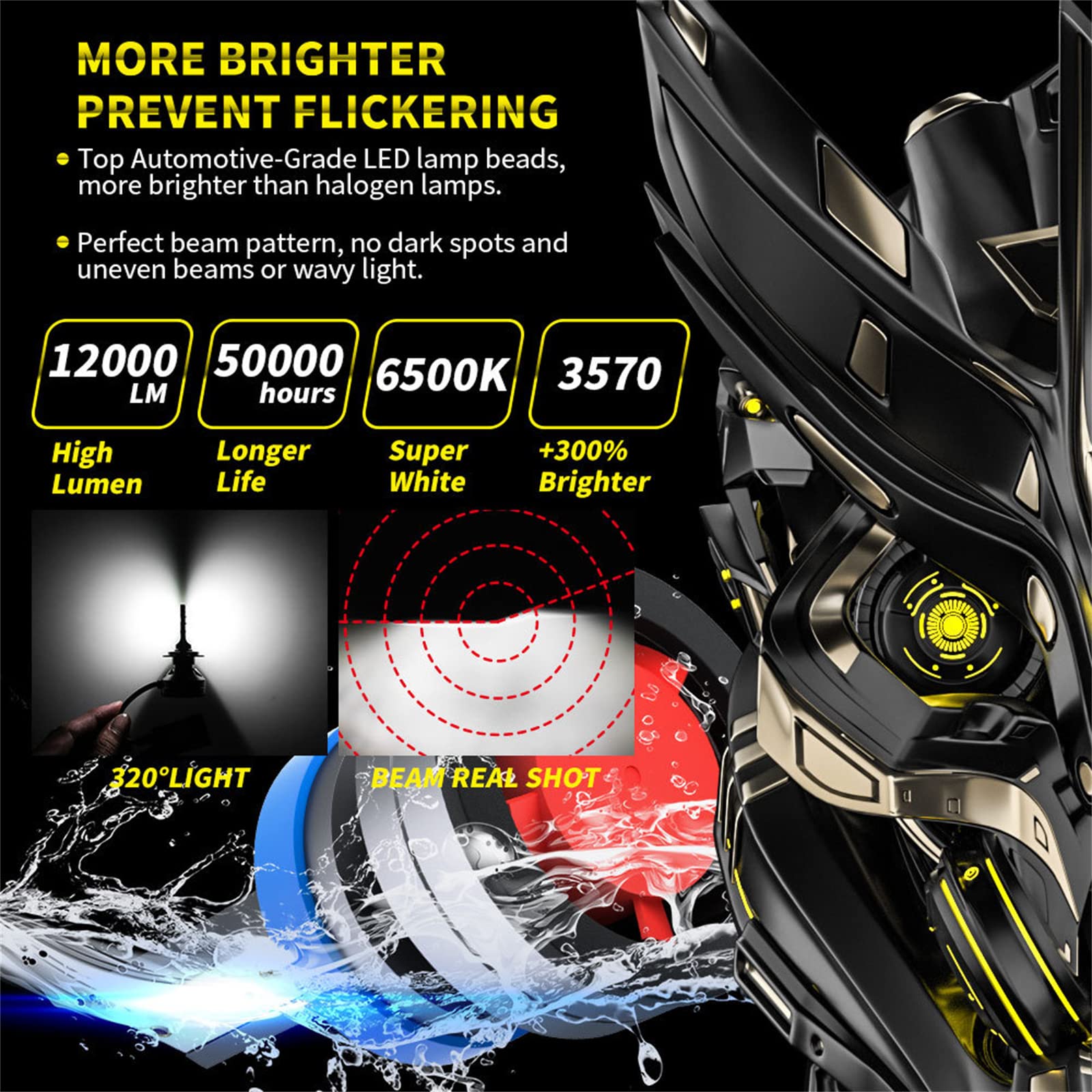Bombilla De Faro LED 5D, 12000 Lúmenes, Kits De Conversión De Faros LED Superbrillantes, 6500 K, Faro LED Blanco Frío, Resistente Al Agua IP68, Paquete De 2,H7