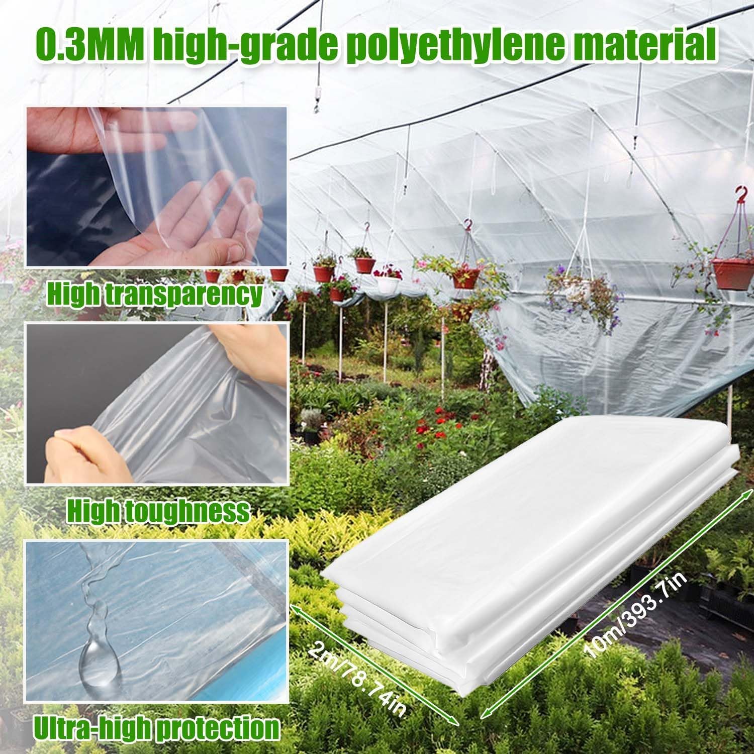 Plastico Invernadero, 2 x 10 Metros, Transparente, Reutilizable, Adecuado para Jardinería y Agricultura