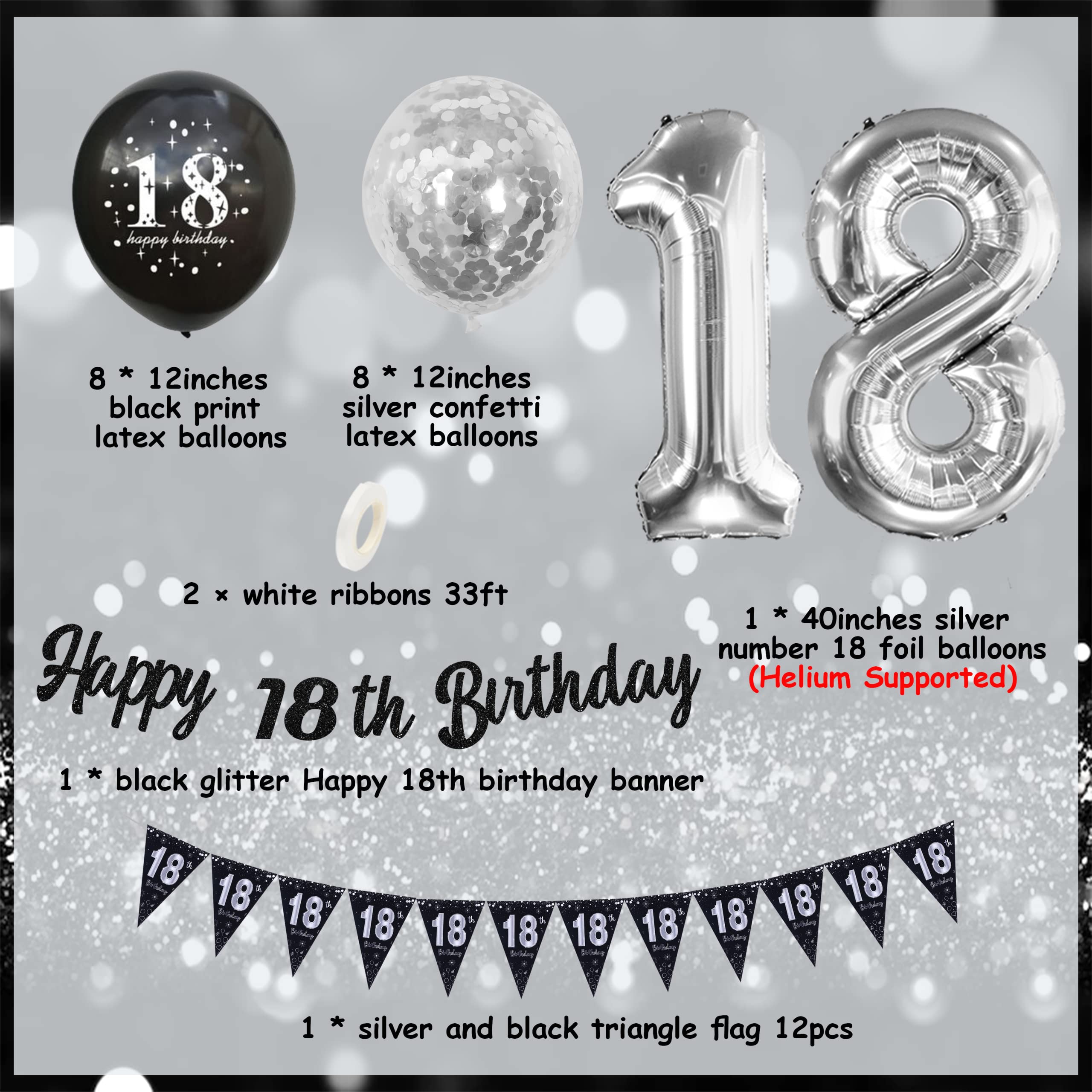 Decorazioni per il 18° compleanno per ragazze viola, Happy 18th Birthday Sfondo Banner e palloncini, bandierine triangolari viola e nero, 18 palloncini in lamina per lui e lei 18 anni BDAY