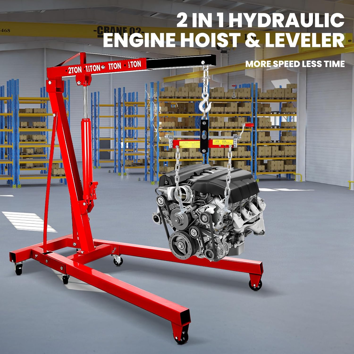 2 Ton Folding Engine Hoist with Leveler, 5500 LBS Heavy Duty Alloy Steel Engine Lift, Engine Hoist Cherry Picker,Stable Engine Crane with 6 Casters for Workshop, Automotive Repair
