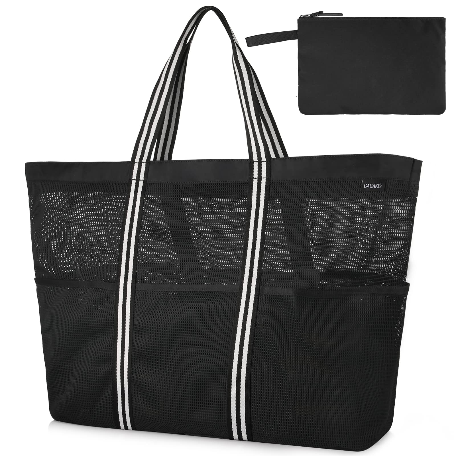 GAGAKU Strandtasche XXL Familie Badetasche Groß Strandtasche mit Reißverschluss Strandtasche Mesh Beach Bag für Strand Reisen - Schwarz/Grau/Grün
