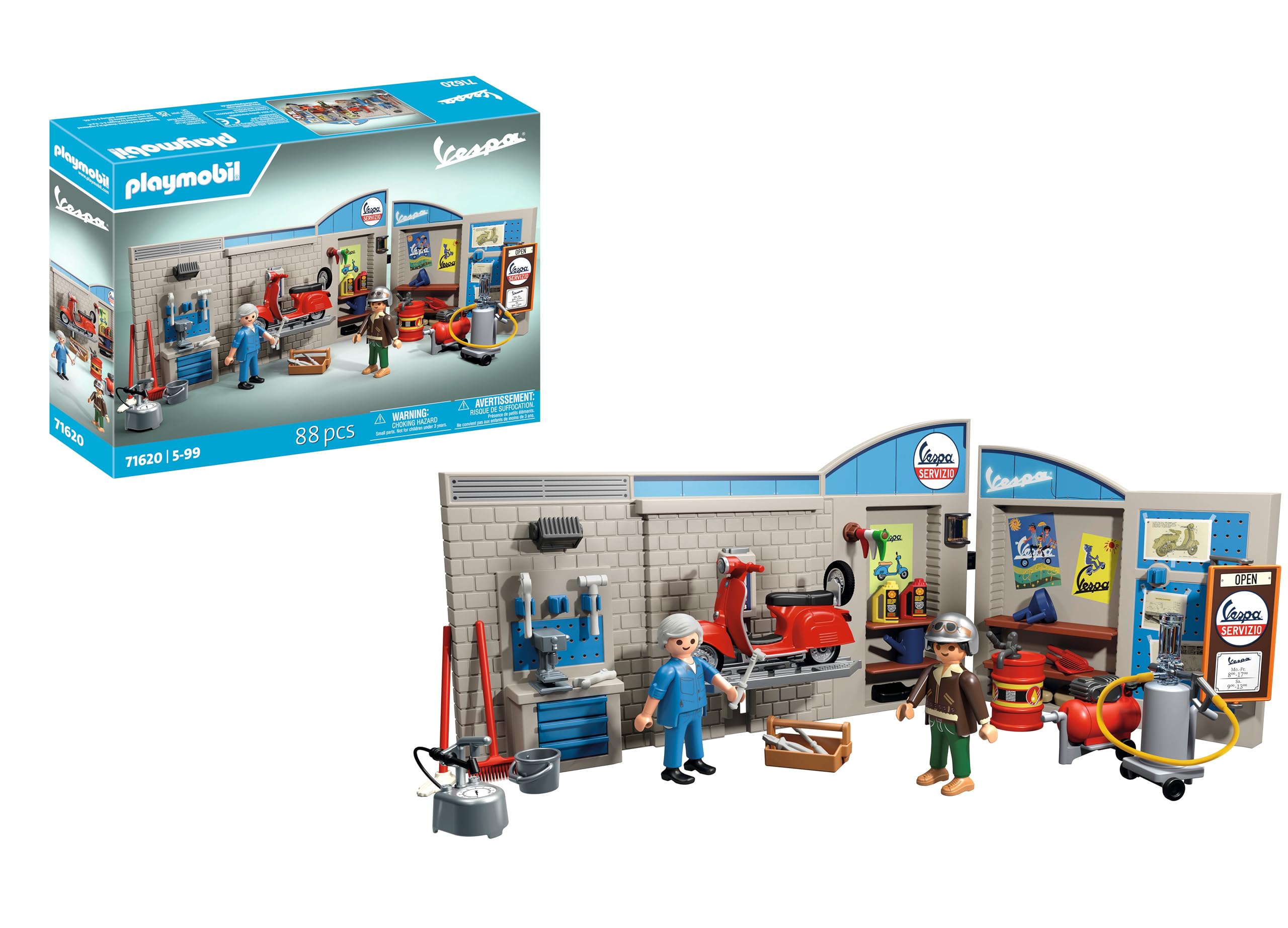 PLAYMOBIL Cars 71620 Taller Vespa años 60, Incluye Plataforma elevadora móvil, con Accesorios versátiles para un Taller auténtico, para entusiastas de los vehículos, niños, niñas y Adultos