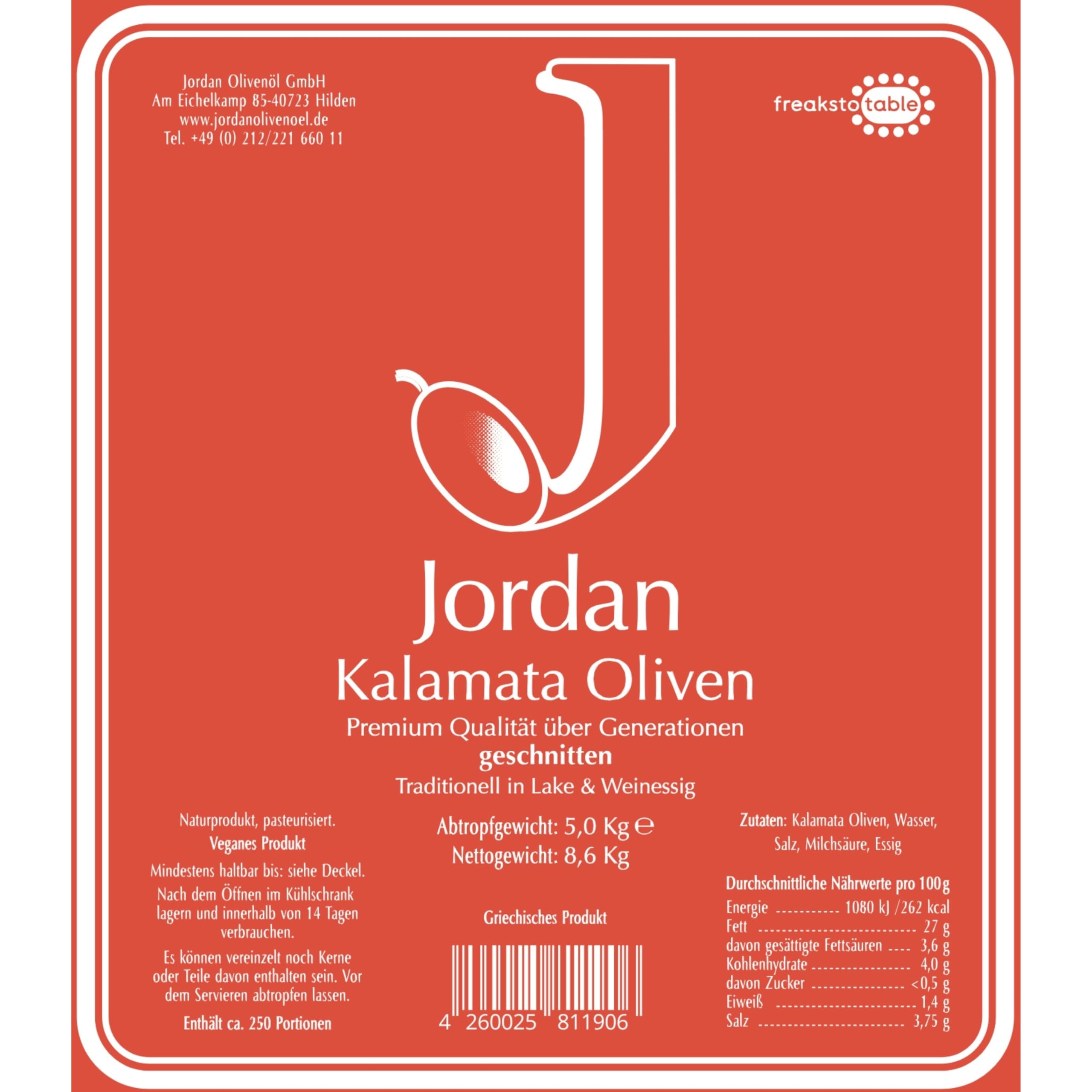 Jordan Olivenöl - Kalamata Oliven ohne Kern - geschnitten - Eimer 5 Kg