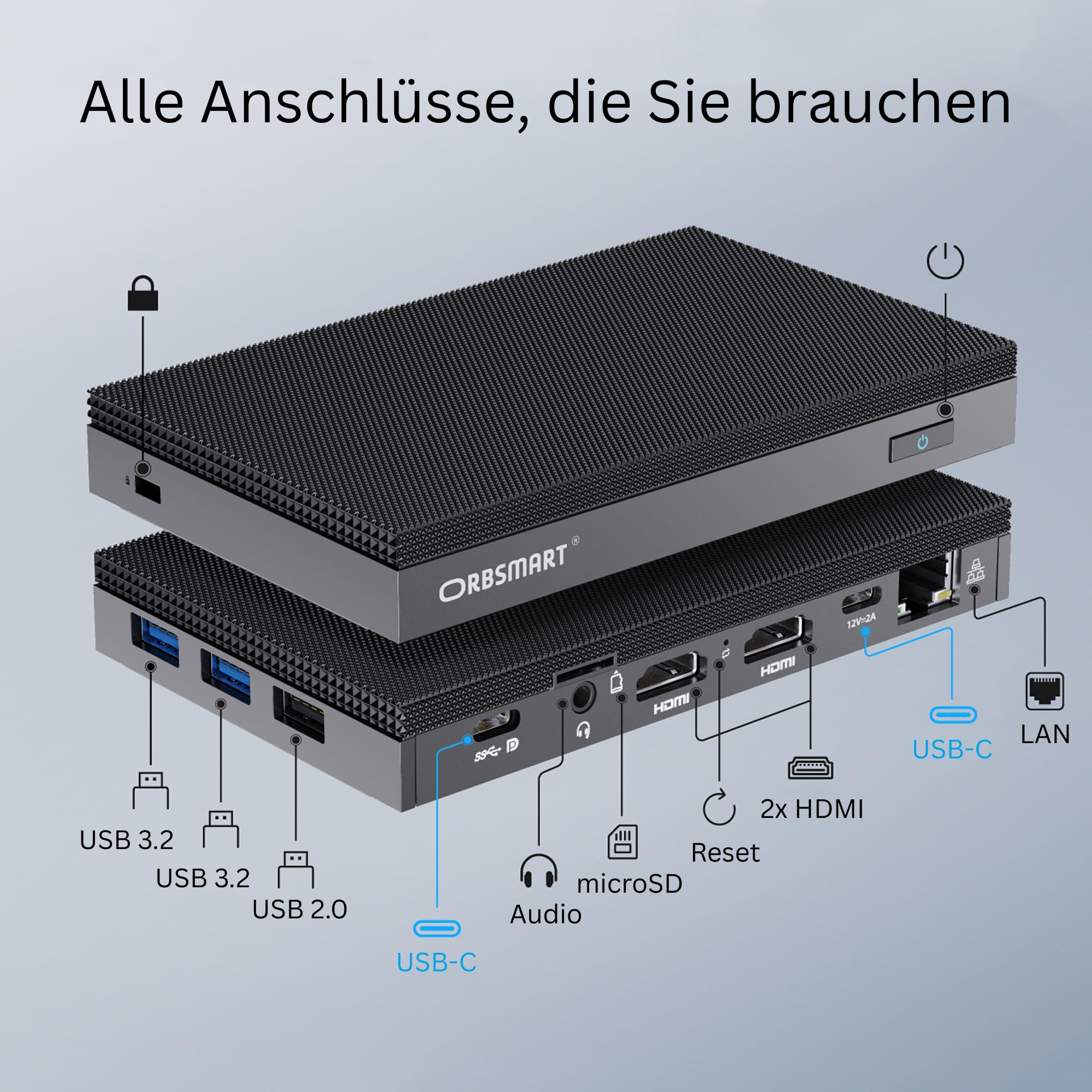 Orbsmart AW-16L Lüfterloser Mini PC Intel N150 16GB DDR5 512GB SSD Windows 11 Pro, Fanless Desktop Computer 4K Triple-Display WiFi 6 USB-C, Lautlos 0dB - Deutscher Hersteller