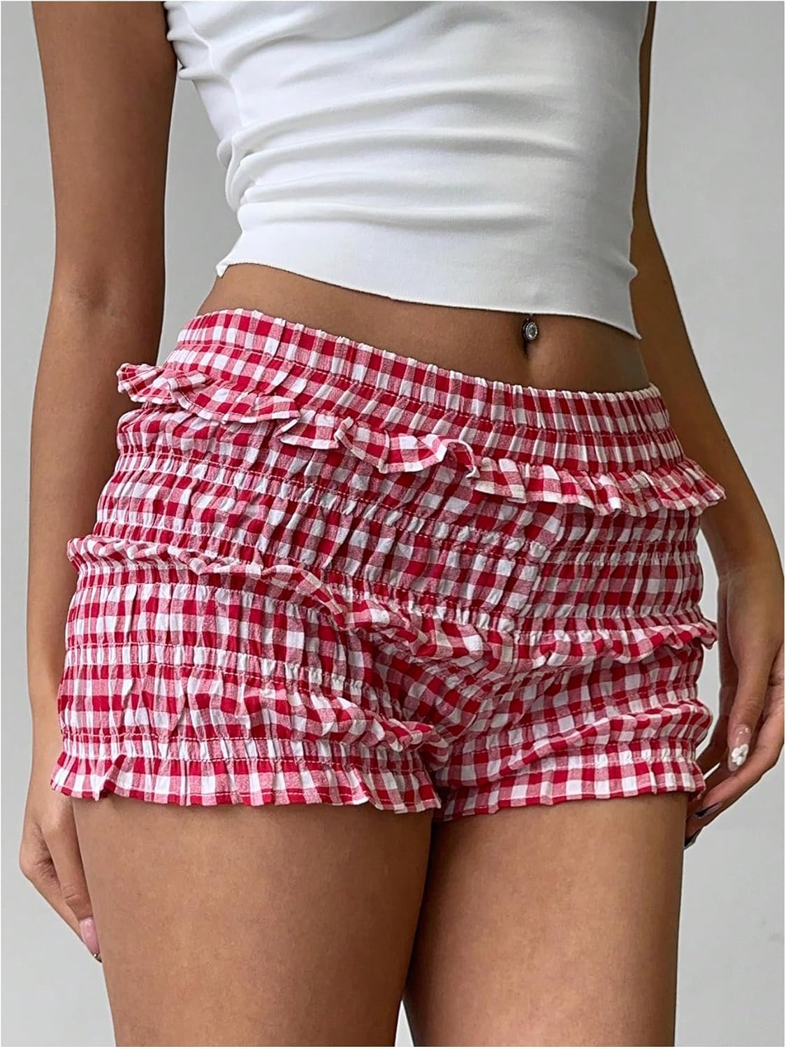 SOLY HUX Women's Plaid Ruffle Mini Shorts Gingham Elastic Cute Lounge Sleep Bottoms Low Rise Bloomer Shorts - Image 4