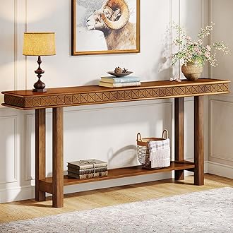 Tribesigns 70.9-Inch Solid Wood Extra Long Console Table, Wood Sofa Table Behind Couch Narrow Long, 2-Tier Entryway Accent Table with Storage for Living Room, Hallway, Entrance, Foyer, Rustic Brown