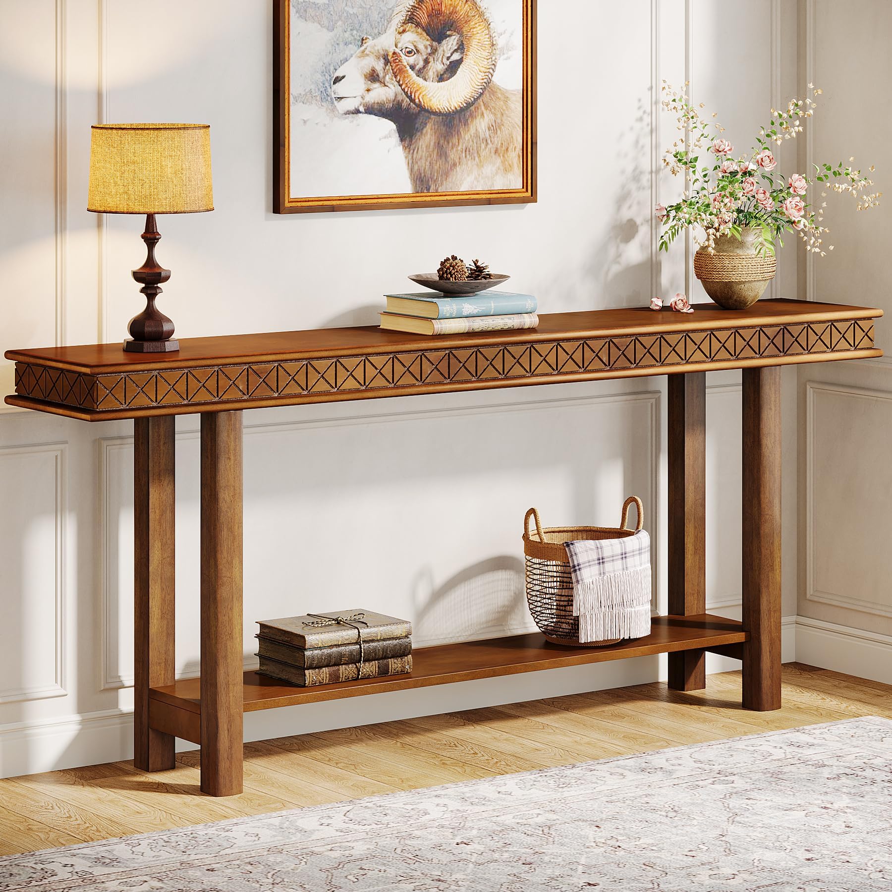 Tribesigns 70.9-Inch Extra Long Console Table, Solid Wood Sofa Table Behind Couch Narrow Long, 2-Tier Entryway Accent Table with Storage for Living Room, Hallway, Entrance, Foyer, Rustic Brown