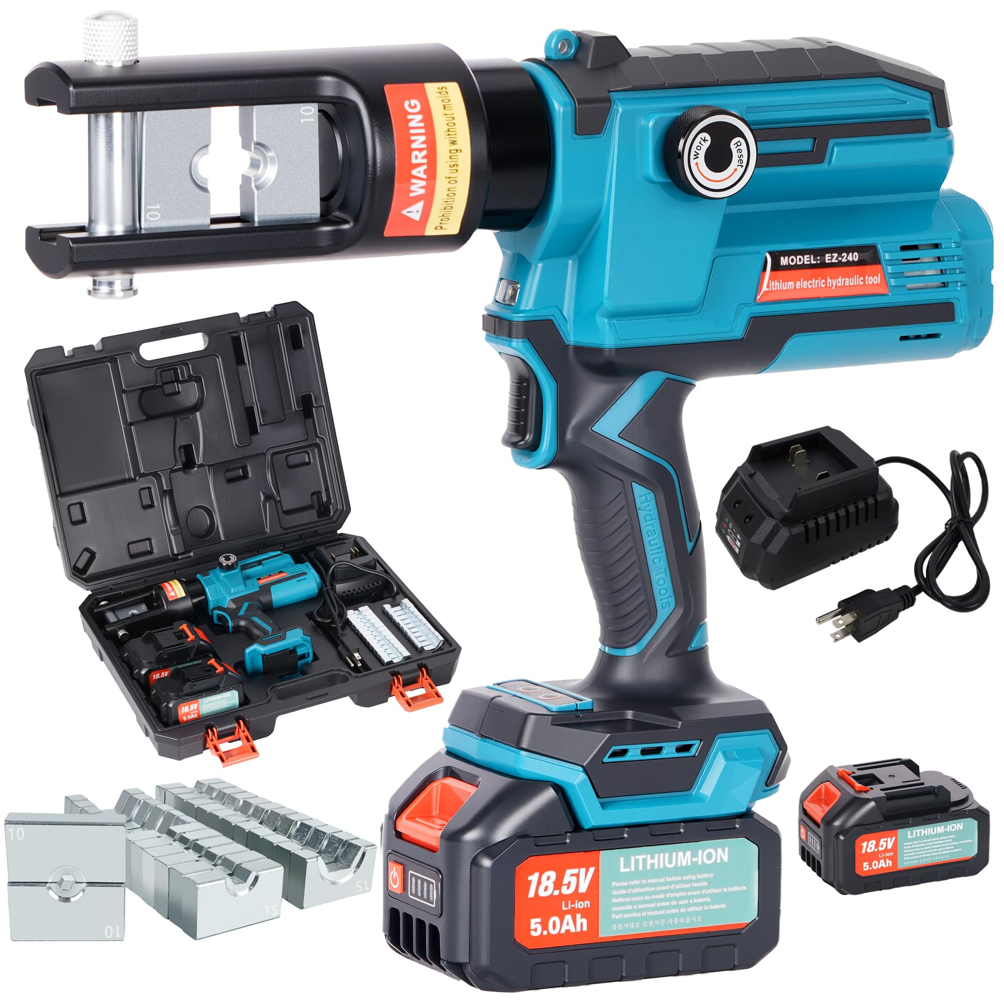 AMZCNC Crimpadora hidráulica recargable, portátil, baterías de litio de 18 V, 2 unidades, 11 juegos de matrices de engarzado (10-240 mm²), prensa de terminales de batería