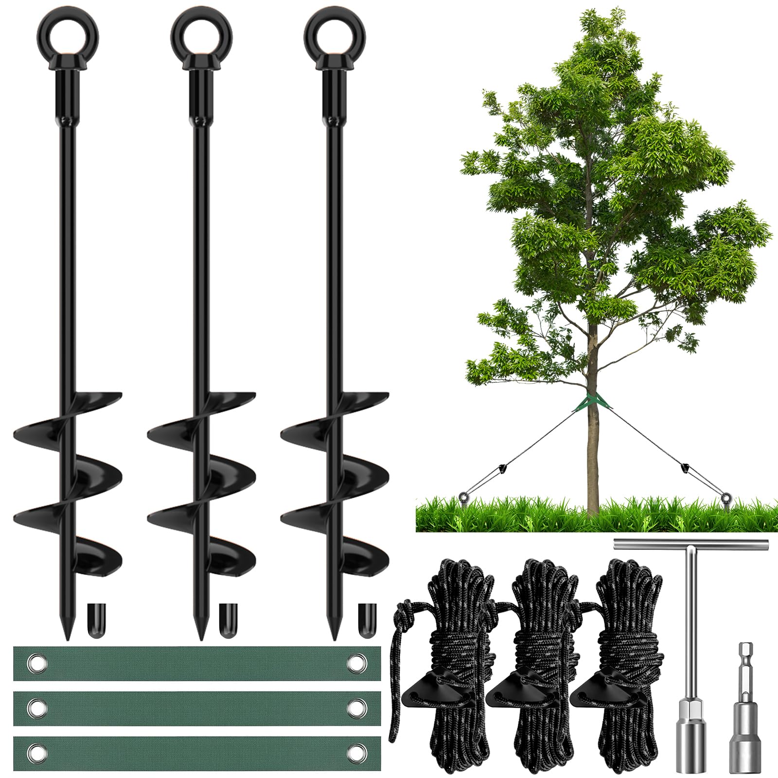 Juego de 3 anclajes de suelo de 18 pulgadas de largo con cable galvanizado de 1/8 pulgadas, tensores y mosquetones, anclajes de tierra resistentes para cobertizos, árboles, trampolín, invernadero,