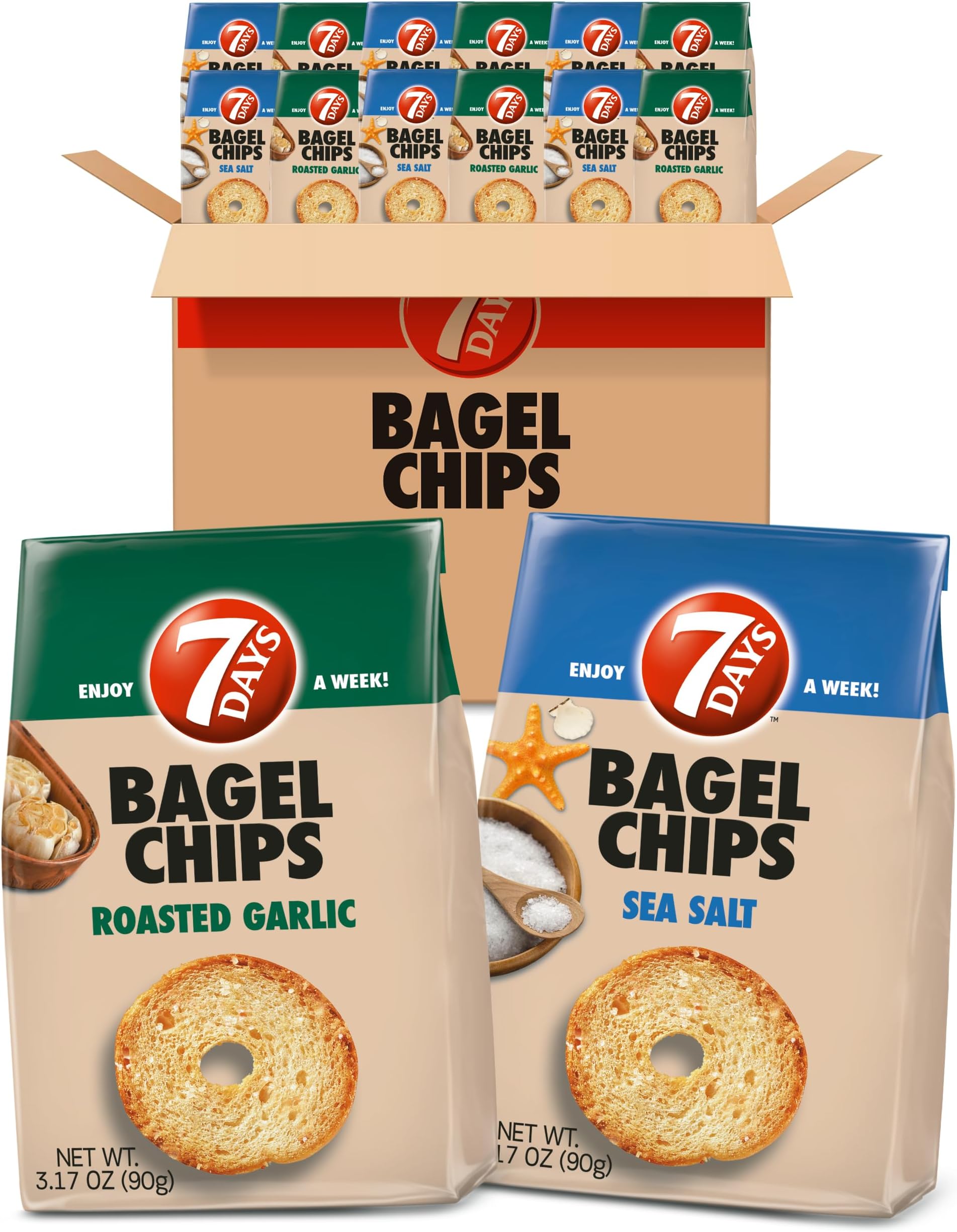 7Days Bagel Chips, Variety 12 Pack: 6 Garlic, 6 Sea Salt, Gourmet Crackers, Non-GMO Baked Snack (3.17oz, Pack of 12)