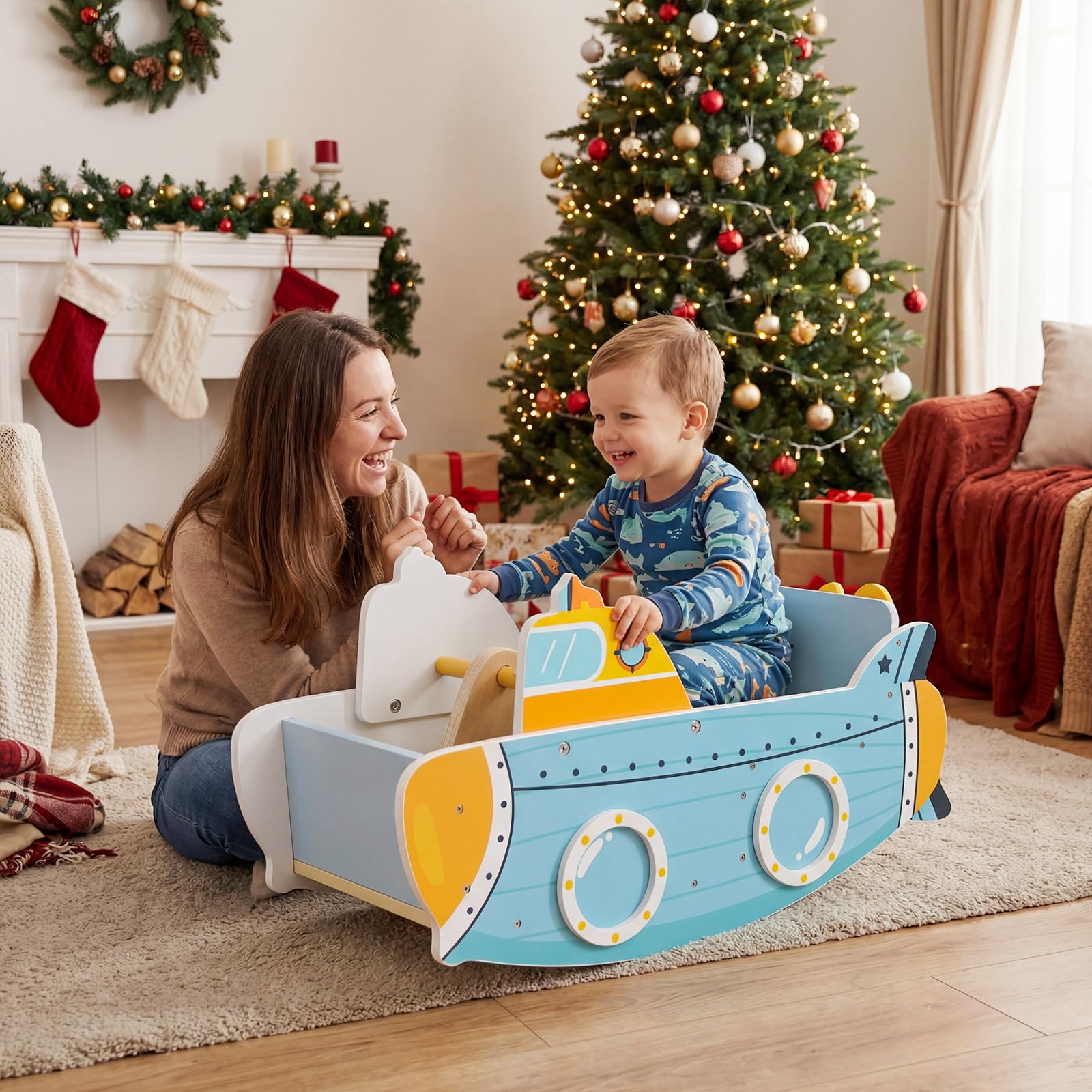 COSTWAY Schaukelboot Kinder ab 1 Jahr, Schaukelpferd Holz mit nautischem Design, drehbarem Propeller, Birkenholz-Griffe & breiter Sitz, Baby Schaukelspielzeug, Schaukelwippe, belastbar bis zu 20 kg