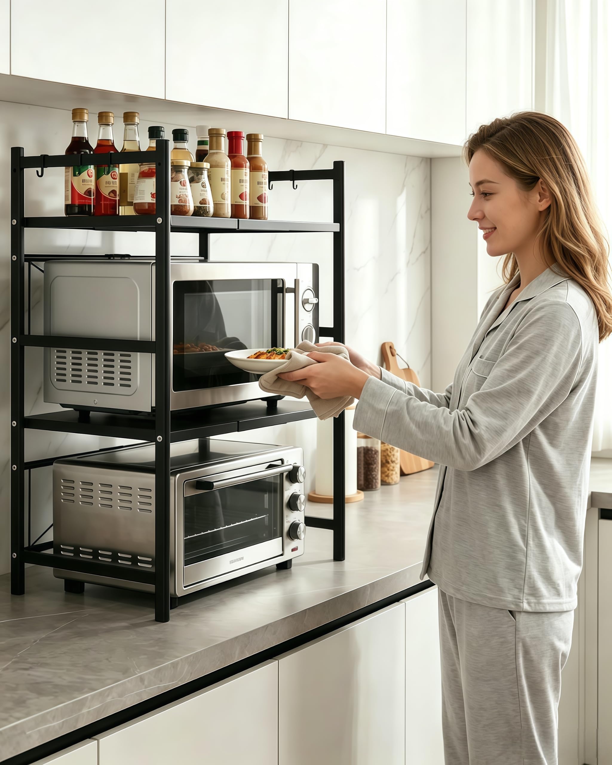 Mikrowellenregal 3 stufig ausziehbar Höhenverstellbarer Mikrowellenständer (40-64cm) ohne Bohren mit 6 Haken, Kohlenstoffstahl für Backofen, Kaffeemaschine & Airfryer