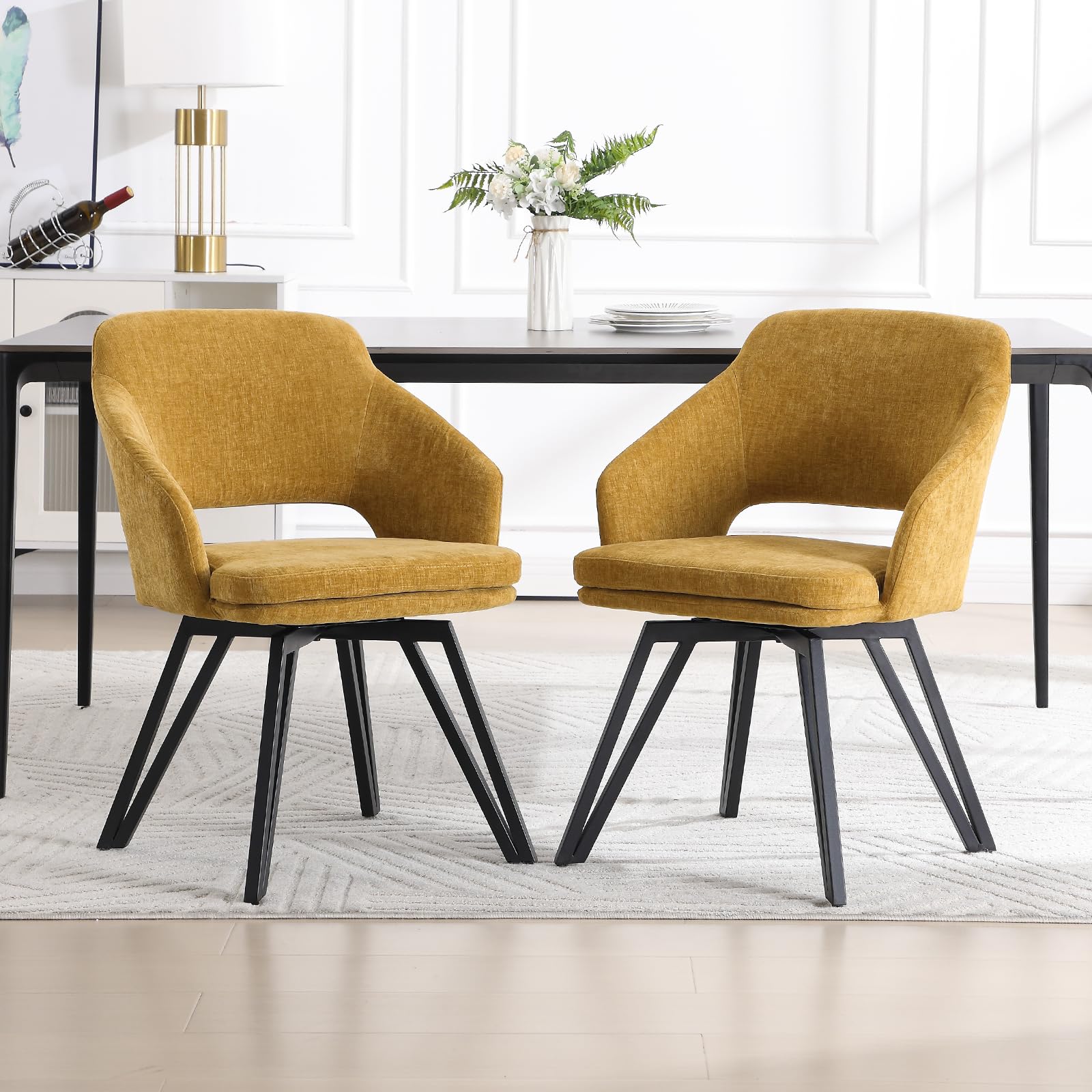 chairus 2 PZ Sedie da Cucina Girevoli Sedia da Pranzo in Ciniglia, Giallo | Poltroncina Imbottita con Gambe in Metallo Sedia Moderna per Sala da Pranzo/Soggiorno