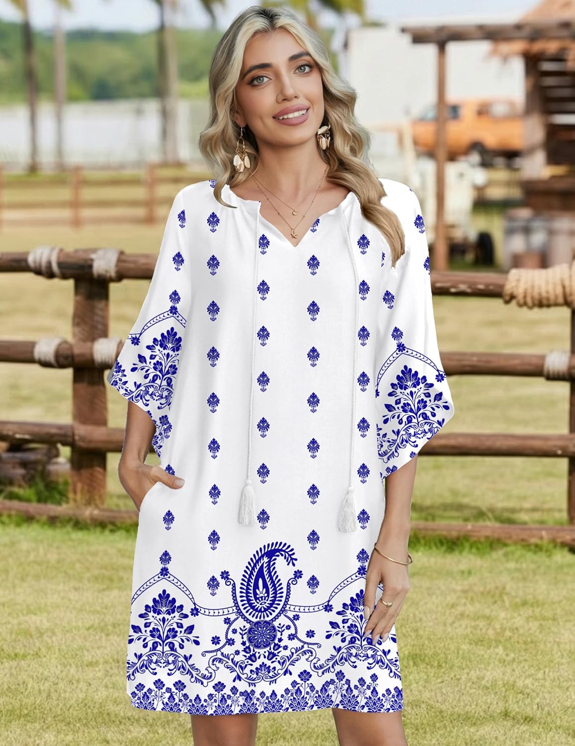 Zeagoo Womens Casual Summer Dress Boho Beach Dresses Tassel Tie Neck 2026 Floral Cover Up Spring 3/4 Sleeve Mini Sundress - Image 5