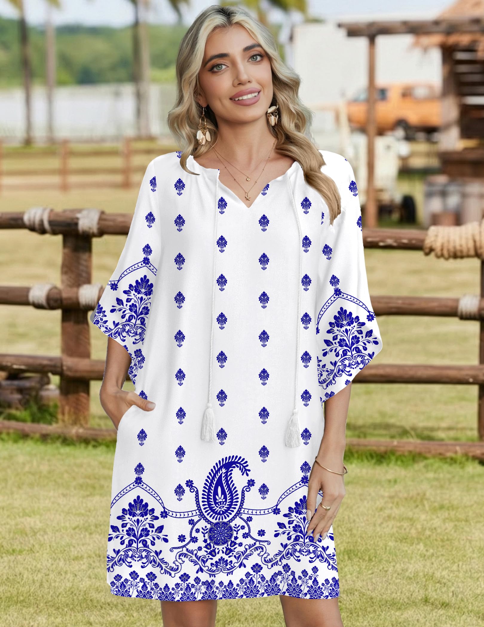 Zeagoo Vestidos de verano para mujer, vestido de playa, bohemio, túnica, con bolsillos, hasta la rodilla, vestidos de verano, vestidos florales ligeros