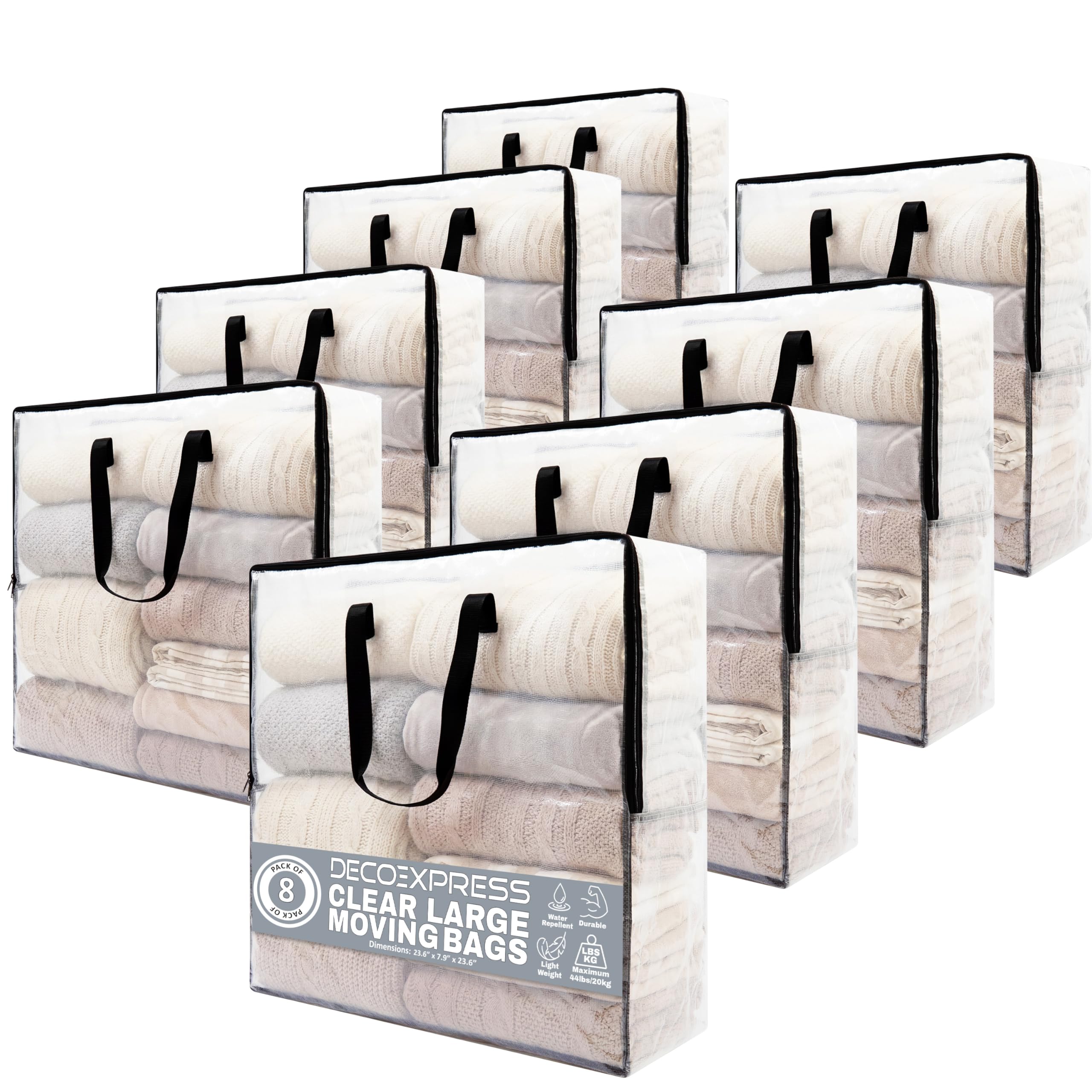 DECO EXPRESS Clear Storage & Moving Bags 72L, Pack of 8, Heavy duty & Waterproof Large Clothes Storage Bags with Zips for Duvet, Bedding & Laundry, All in One Storage Solutions (60 x 60 x 20 cm)