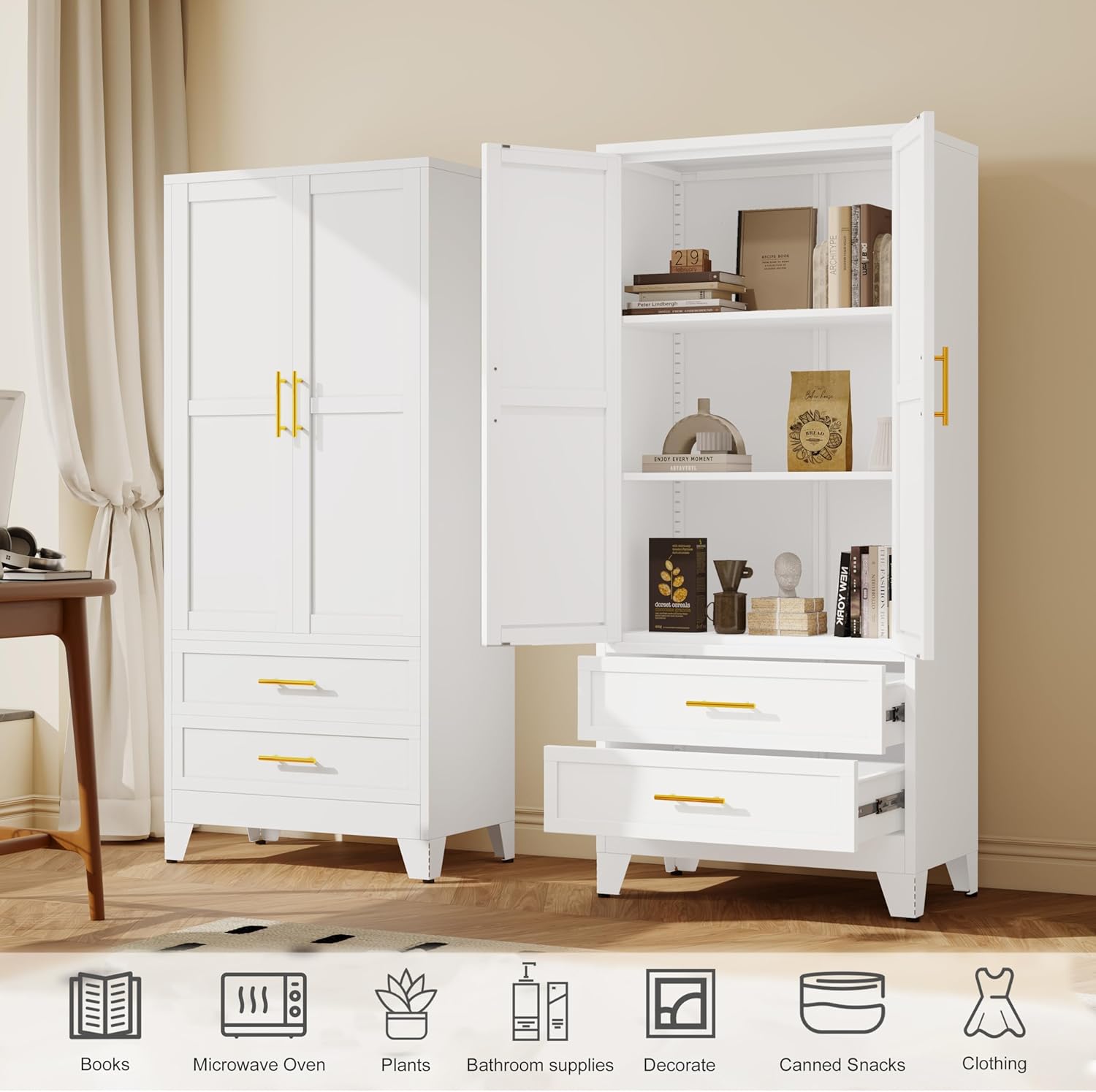 GAIOUS Steel Pantry Cabinet, 71" Metal Storage Cabinets with 2 Doors, 2 Adjustable Shelf and 2 Drawers, Freestanding Storage Cabinet for Bedroom, Kitchen, Home Office (White)