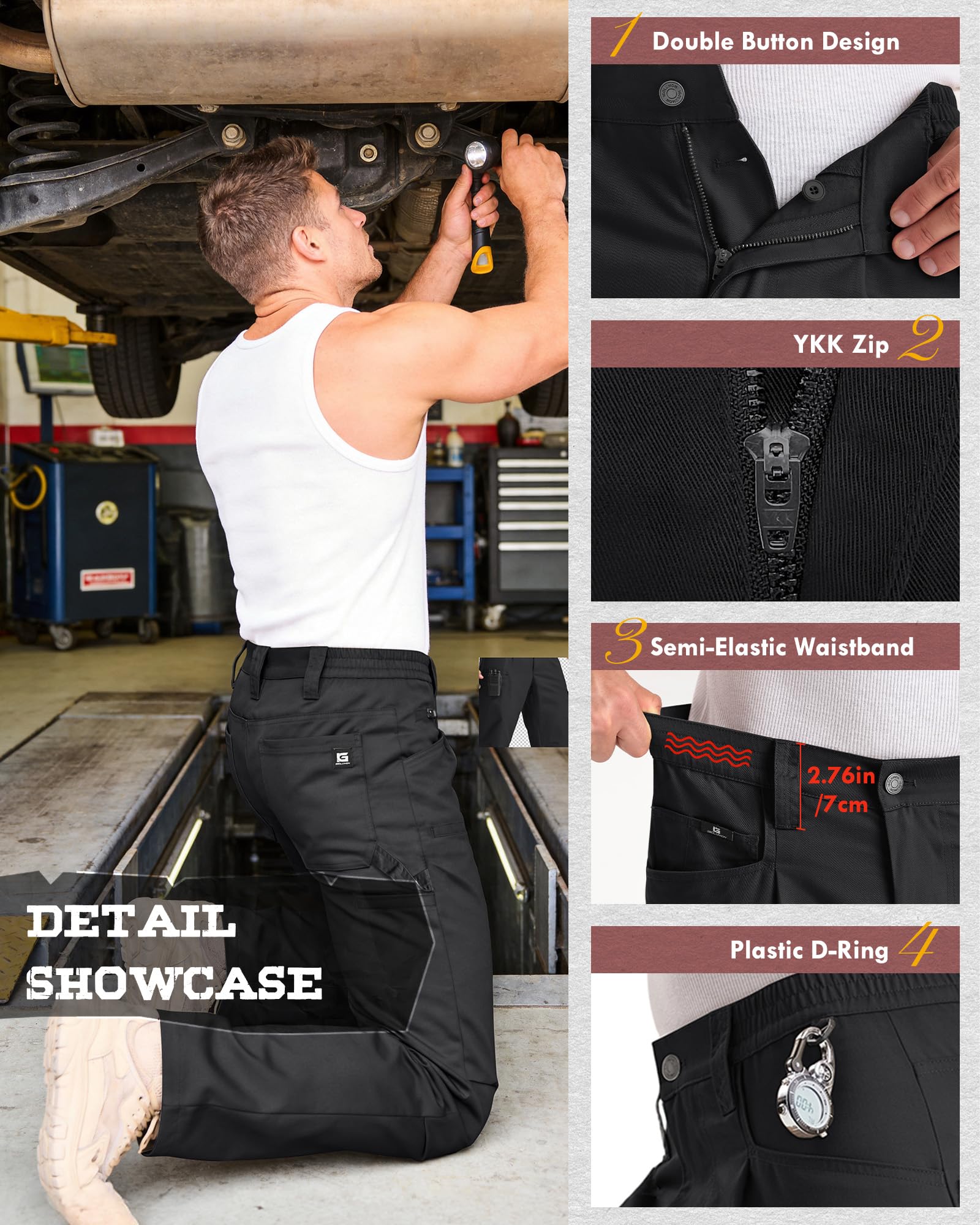 IGOLUMON Pantalones de trabajo hombre con 13 bolsillos, pantalón cargo ligero para hombre, pantalón táctico con cintura elástica, reforzado para jardinería, senderismo y viajes - 5