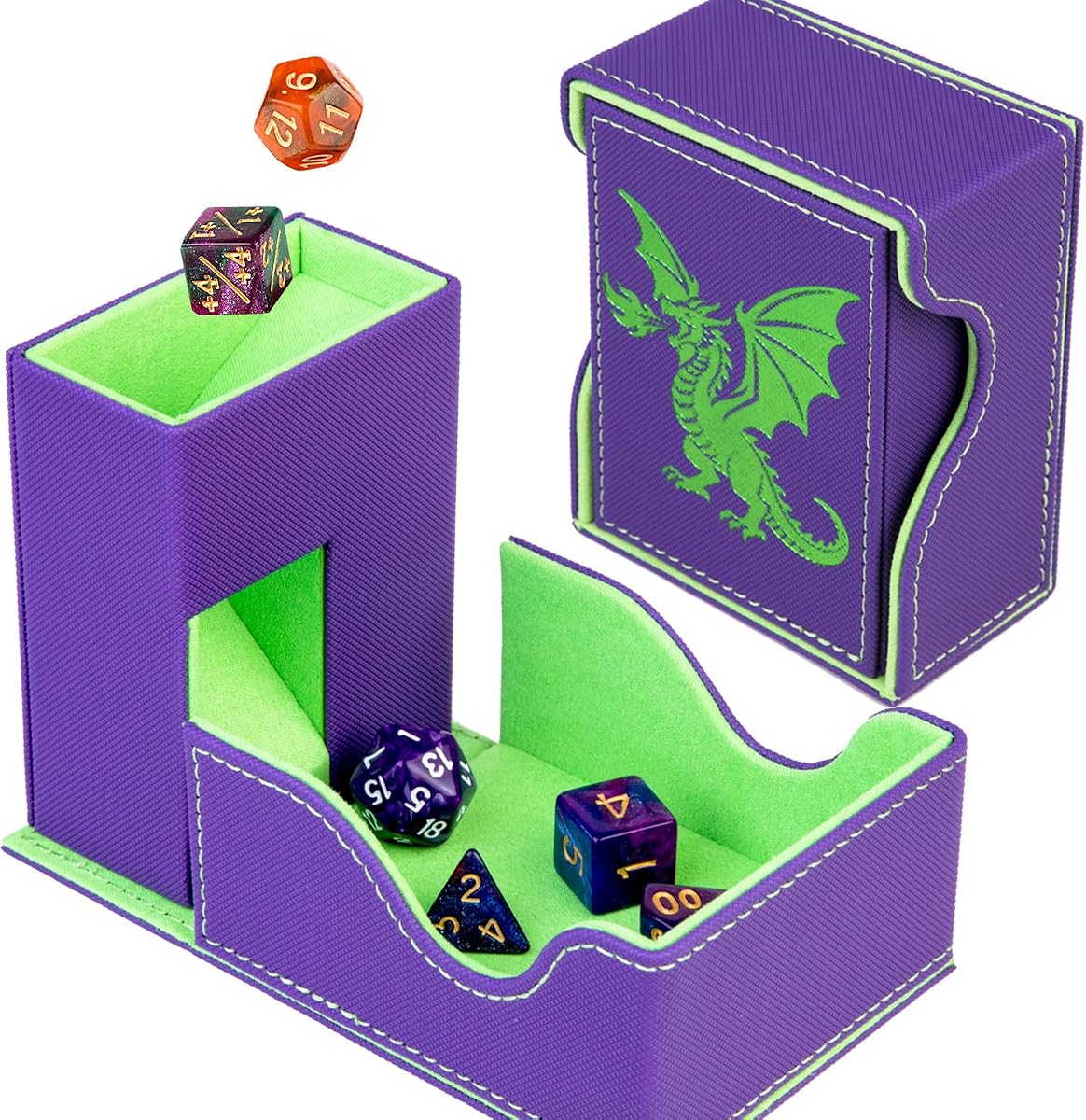 Dice Tower and Tray,Foldable Portable Dice Rolling Tower,Dice Roller Accessory for Dungeons and Dragons,Classic Board Games,RPG Games, and Tabletop Games Purple/Green