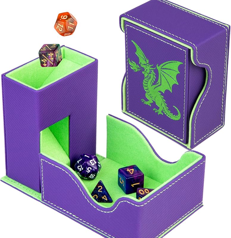 Dice Tower and Tray,Foldable Portable Dice Rolling Tower,Dice Roller Accessory for Dungeons and Dragons,Classic Board Games,RPG Games, and Tabletop Games Purple/Green