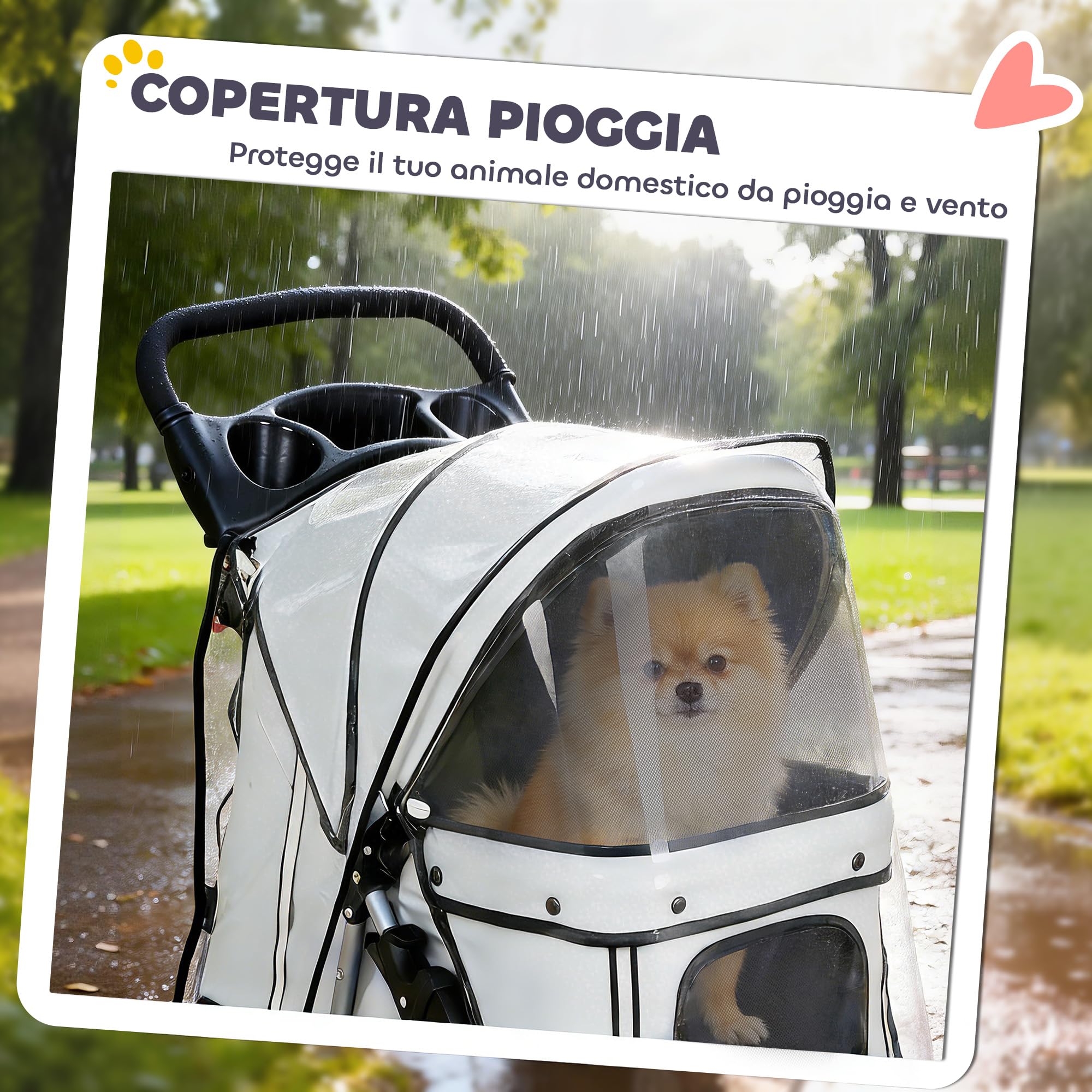 PawHut Passeggino per Cani Pieghevole, Carrozzina per Animali con Copertura Antipioggia, Catarifrangenti, Ruote Girevoli a 360°, Freni e Cuscino Lavabile, Grigio