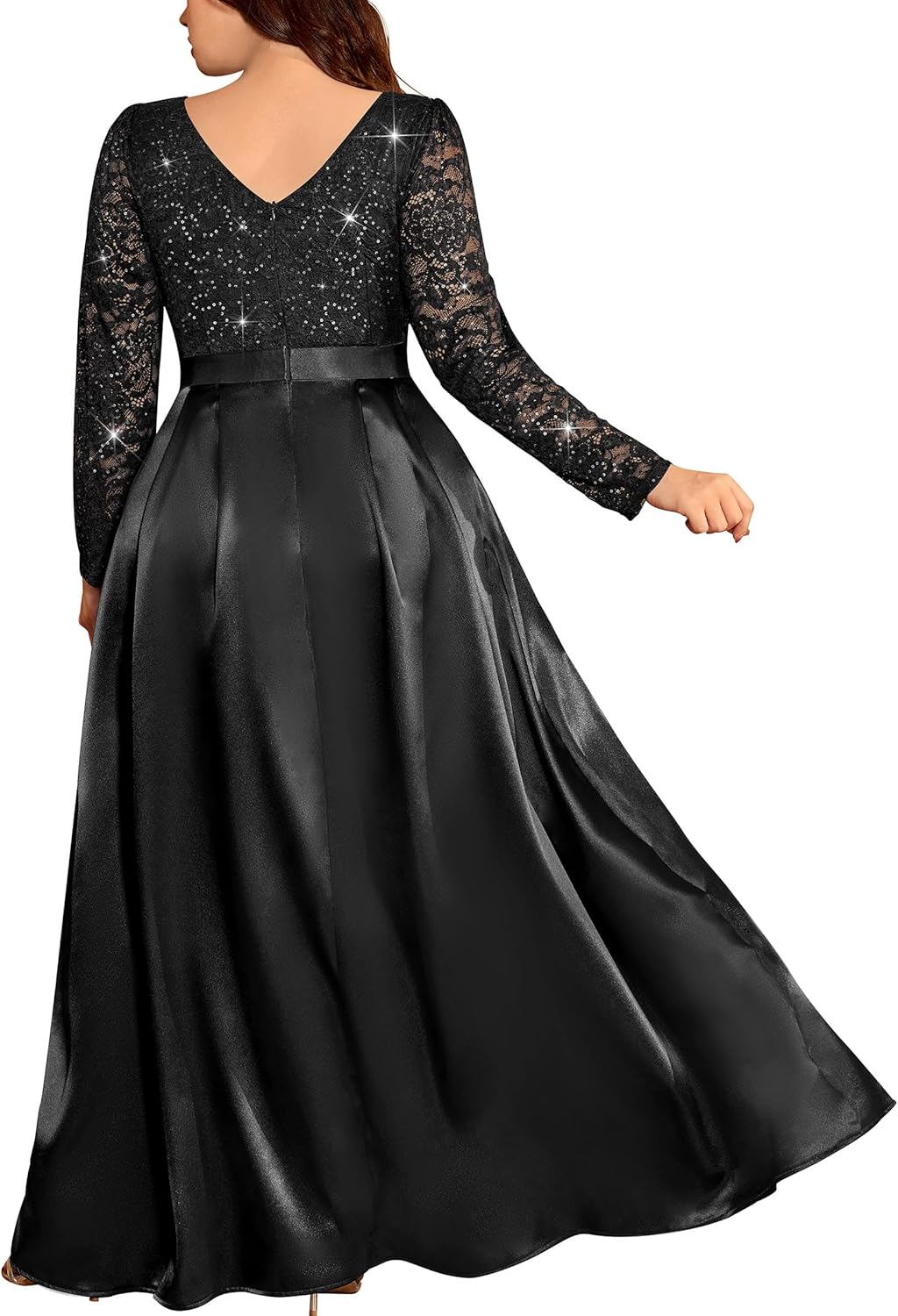 MISSMAY Women's Plus Sequin Lace with Satin Long Sleeves Formal Evening Prom Dresses - Image 2