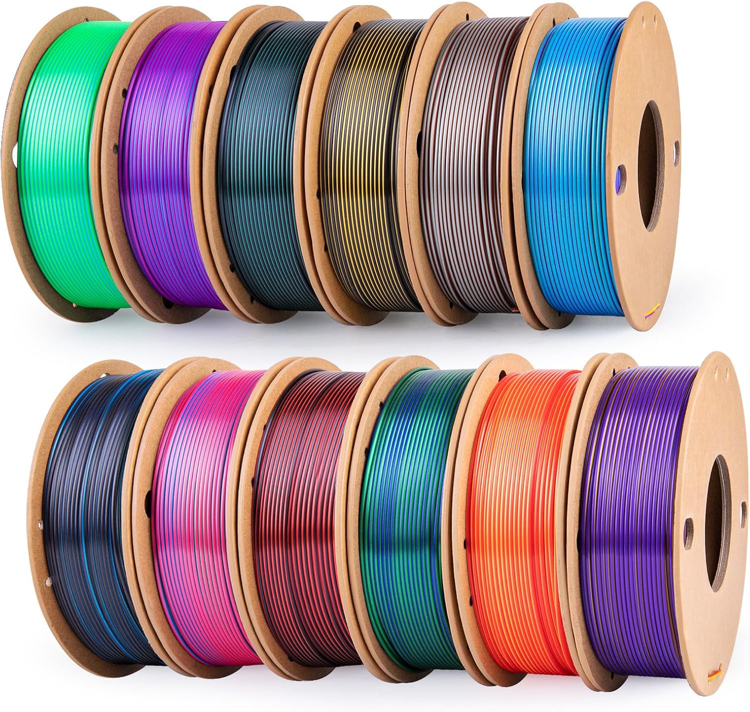 Silk 12 Assorted Multiple Colors PLA+ 3D Printer Filament 1.75mm, 6 Tricolors and 6 Dual Colors, 12 Packs PLA Pro Plus No Tangle, Net Weight 250g Spool, in Total 3KG Material