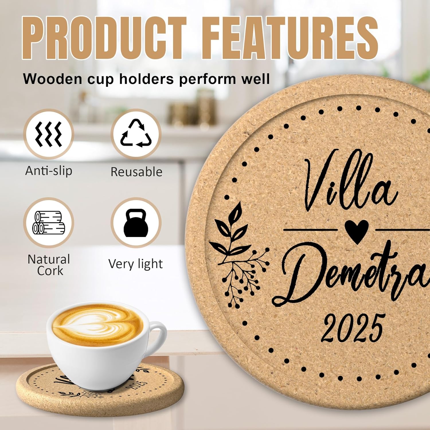 30-100 Pcs Personalized Cork Coasters for Drinks, Round 4 inch, Wedding Favors for Guests, Bulk Custom Coasters with Laser Engraved Text Image or Logo, Non-Slip Heat-Resistant