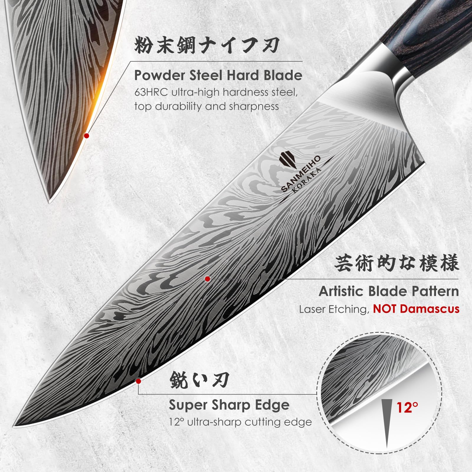 SANMEIHO Chef Knife in Powder Steel, Japanese Kitchen Knife 8 Inch, Ultra Sharp Chef's Knives, High Carbon Japanese Utility Knives for Meat Vegetable with Ergonomic Pakkawood Handle - 4