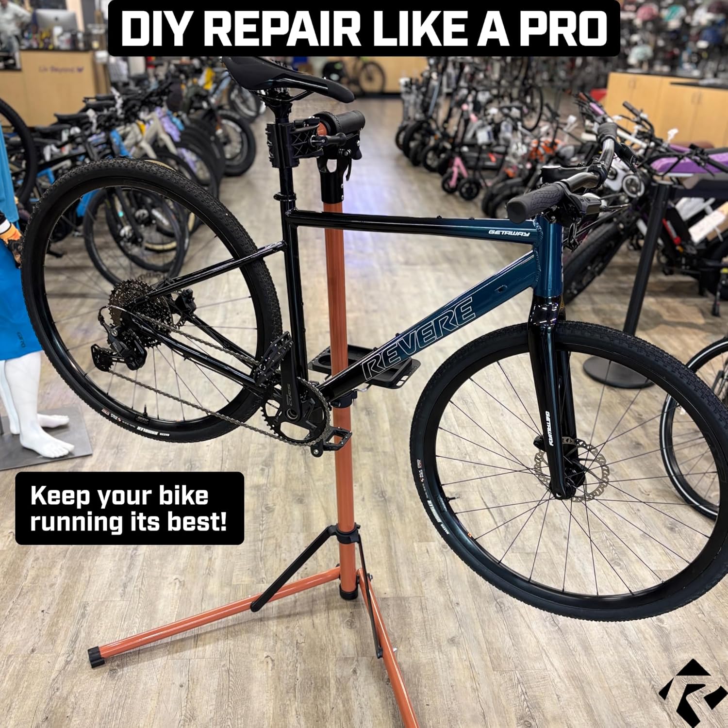 Revere Bike Repair Stand With Storage Bag - Heavy Duty Bicycle Work Stand, Adjustable Height, Rotating Clamp, Magnetic Tool Tray