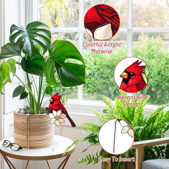 Acrylic Hummingbird Pot Decoration, Weatherproof Plant Pot Ornaments, Garden Ornament Retirement for Indoor and Outdoor Gardens Patio Fence Home (DEEP RED)