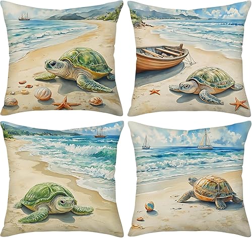 Asminifor 4 fundas de almohada náuticas con diseño vintage de madera oscura, diseño de animales marinos, conchas de peces, estrellas de mar, erizos