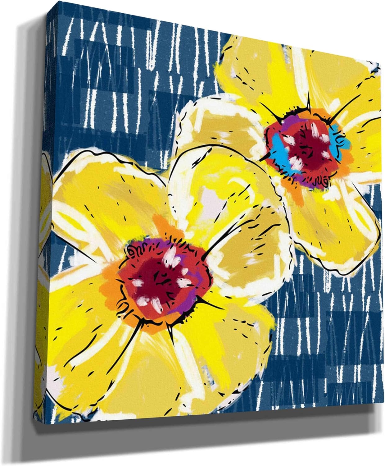 Epic Graffiti 'Yellow Poppies on Blue' by Linda Woods, Canvas Wall Art, 18"x18"