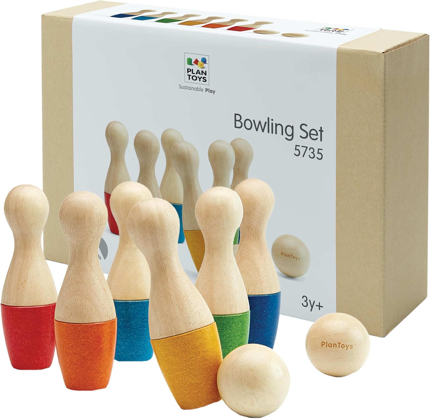 PlanToys® Bowling Set Wooden Montessori Gross Motor and Coordination Toy | Movement, Concentration and Early Math Learning Activity | Eco Friendly Indoor and Outdoor Bowling Game