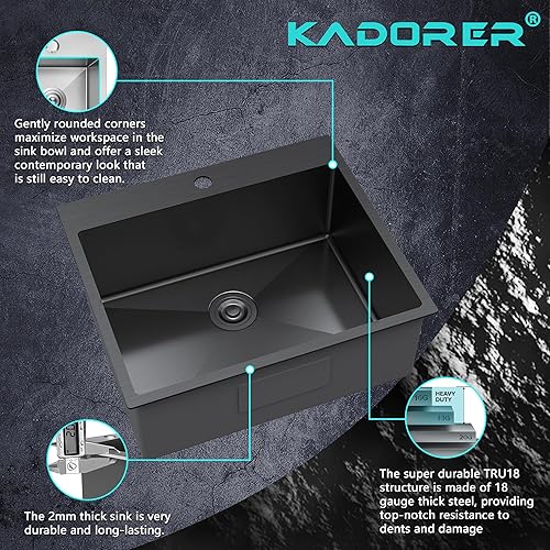 Miniatura 5 de Fregadero de barra de cocina negro de 25 x 22 pulgadas, fregadero de cocina pequeño, fregadero de cocina de un solo tazón, fregadero de barra de