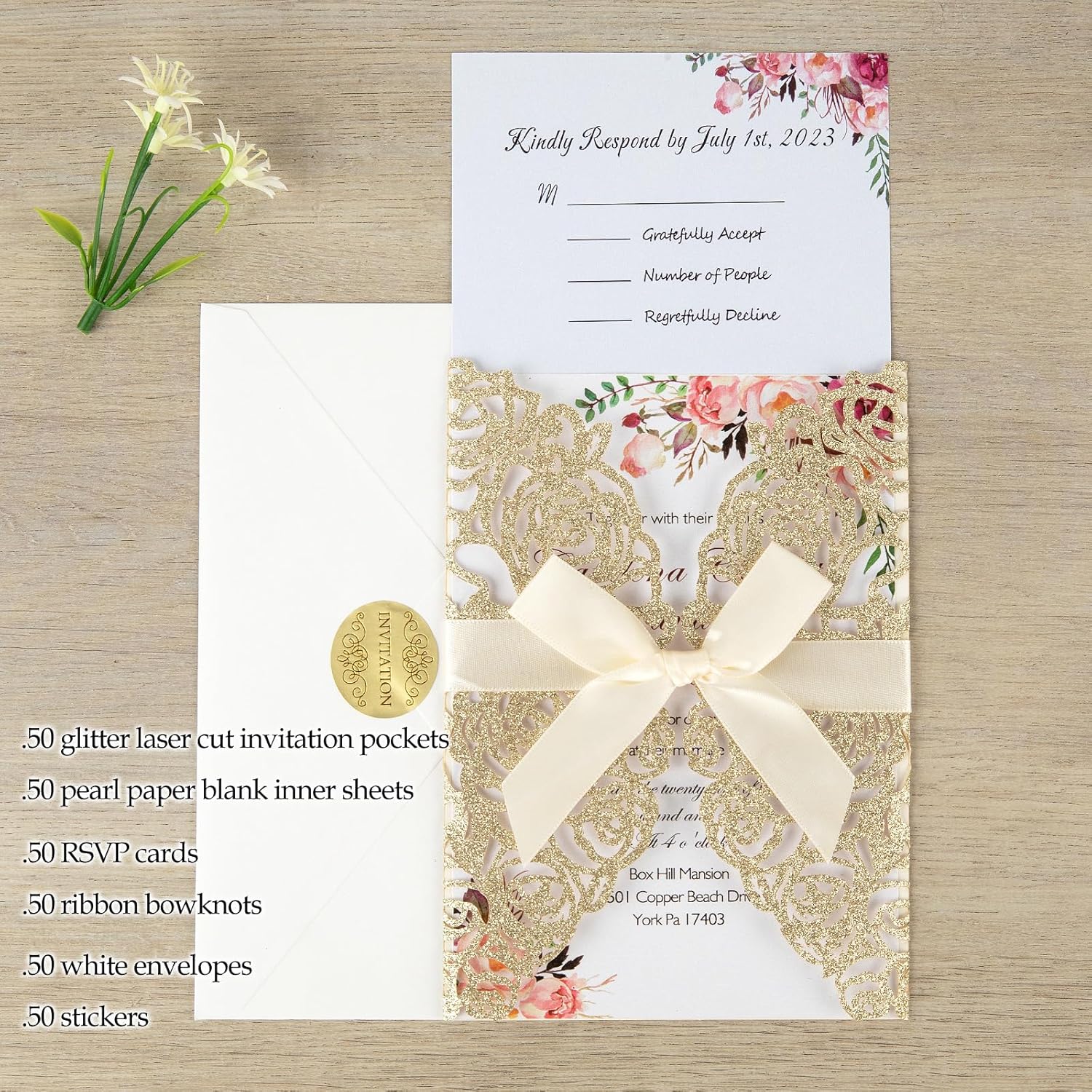 50Pcs Laser Cut Invitations with Envelopes and RSVP Cards Gold Glitter Hollow Rose Shape Wedding Invitation with Pre-tied Ribbons for Wedding Quinceanera Bridal Shower Engagement Party