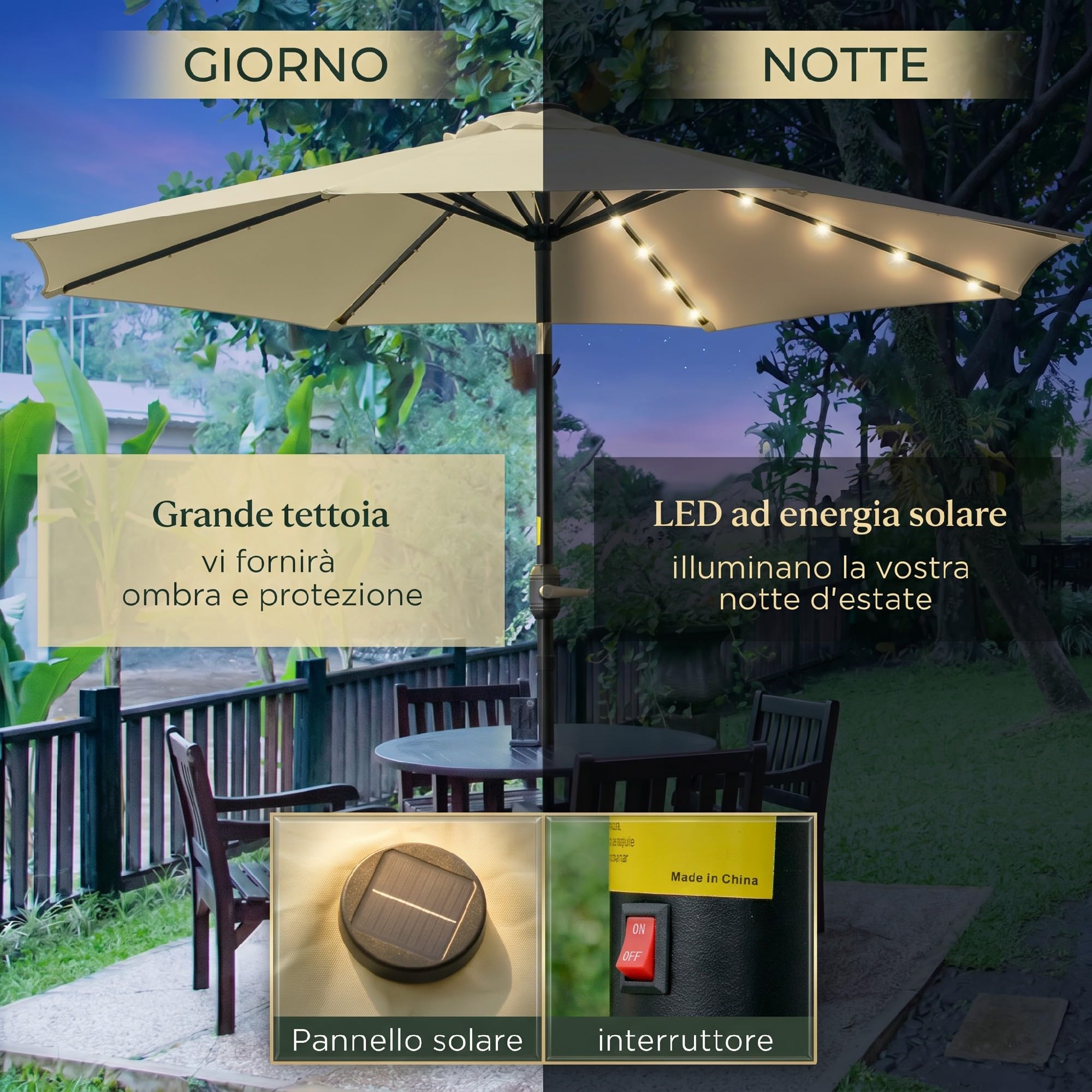 Outsunny Ombrellone da Giardino Inclinabile Ø265 cm con Manovella Beige | 32 Luci LED Solari, Ombrellone da Esterno, 8 Stecche, Acciaio e Poliestere, per Terrazza Balcone Patio