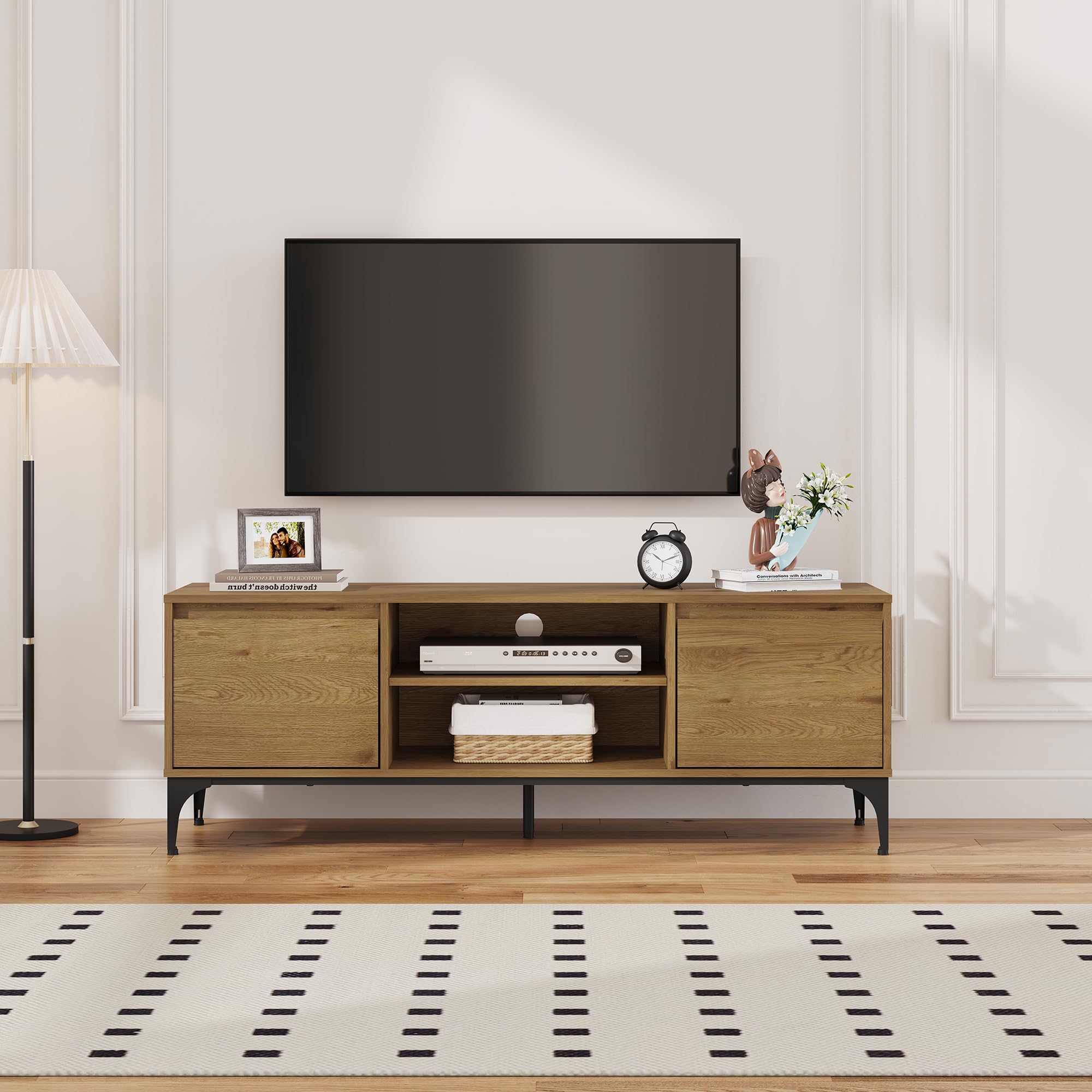 [en.casa] Mobile Porta TV a Vani Chiusi con Ante e Scomparti Aperti Tavolo Basso Stand Multimediale con Fori Passacavi 140 x 40 x 50 cm per Soggiorno Salotto - Effetto Rovere Scuro