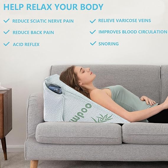 Brillars 𝗣𝗿𝗲𝗺𝗶𝘂𝗺 Bamboo Bed Wedge Pillow - Deeper Sleep - Antibacterial, Breathable Contouring Support Stay Cool Memory Foam Cushion with Left Side Pockets